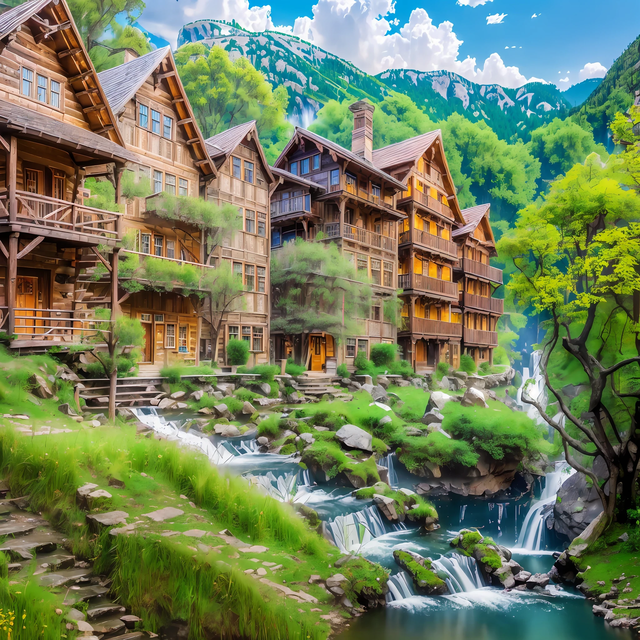 (4k, RAW photo, best quality), (realistic, photo-realistic:2) old town with charming people walking, nature, waterfall, old yet beautiful and colorful building, the sense of calmness and solitude, forest, dream home with lover, real photo --auto --s2