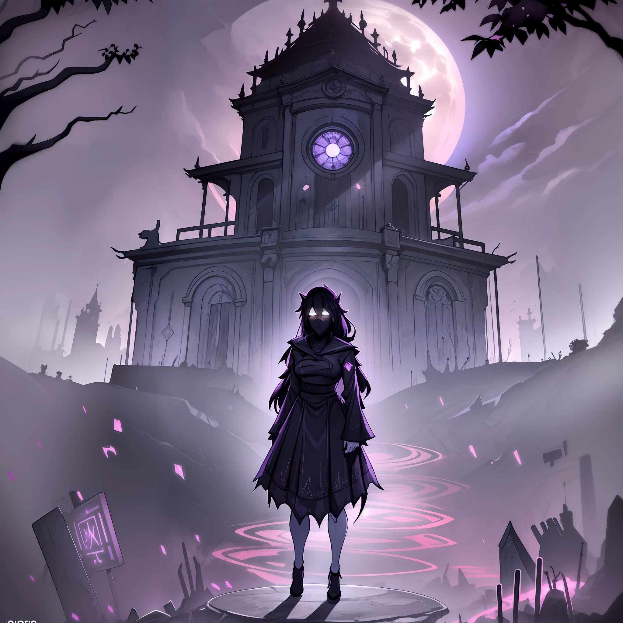 A imagem retrata uma mulher sombrio e macabro, envolto em tons escuros e contrastantes. Ao fundo, There is an imposing and decrepit Gothic mansion, whose towers reach into the night sky. Its stone walls are worn down by time and decay, reinforcing the atmosphere of abandonment and melancholy. The starry sky is laden with heavy, nuvens escuras, sugerindo uma tempestade iminente. Lightning cuts the horizon, casting brief flashes that illuminate the surroundings and reveal ominous details. The full moon hovers in the sky, wrapped in a spectral aura that highlights his supernatural presence. In front of the mansion, there is an abandoned garden, onde as plantas murchas e espinhosas crescem de forma desordenada. Enrolado, leafless trees cast ominous shadows over the terrain. Flores mortas e negras desabrocham em espirais distorcidas, evoking a sense of decaying life. No centro da imagem, Destaques-if a lone human figure. Ela's standing, vestida com roupas rasgadas e esfarrapadas, conveying an air of despair and anguish. His face is shaded and expresses a mixture of terror and pain. The person holds his hands on his face, as if he were suffering and struggling with an inner anguish. The figure is surrounded by ominous shadows that stretch and writhe across the ground, looking prenymized-The no-lugar. These shadows create an illusion of movement and the feeling that the character is trapped in an endless nightmare. Lighting in the scene is sparse, focusing on specific points for Highlight elements-key and increase the sense of mystery and suspense. The predominant colors are shades of black, cinza, marrom e roxo profundo, criando um ambiente sombrio e sufocante. No conjunto, The illustration of the Gothic style with depth seeks to capture the essence of anxiety and despair. It depicts a melancholic world, oppressive and charged with negative emotions, where the viewer is immersed in a whirlwind of dark feelings.