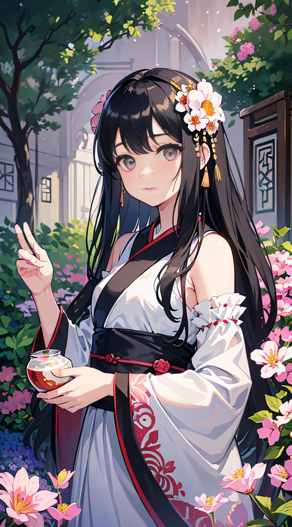 (: 1.5), lace, ribbon, Hanfu, (masterpiece, side light, delicate and beautiful gray eyes: 1.2), masterpiece, realistic, glowing eyes, shiny hair, black hair, long hair, shiny skin, solo, awkward, tube top, delicate, beautiful, garden, flowers, fluttering petals,