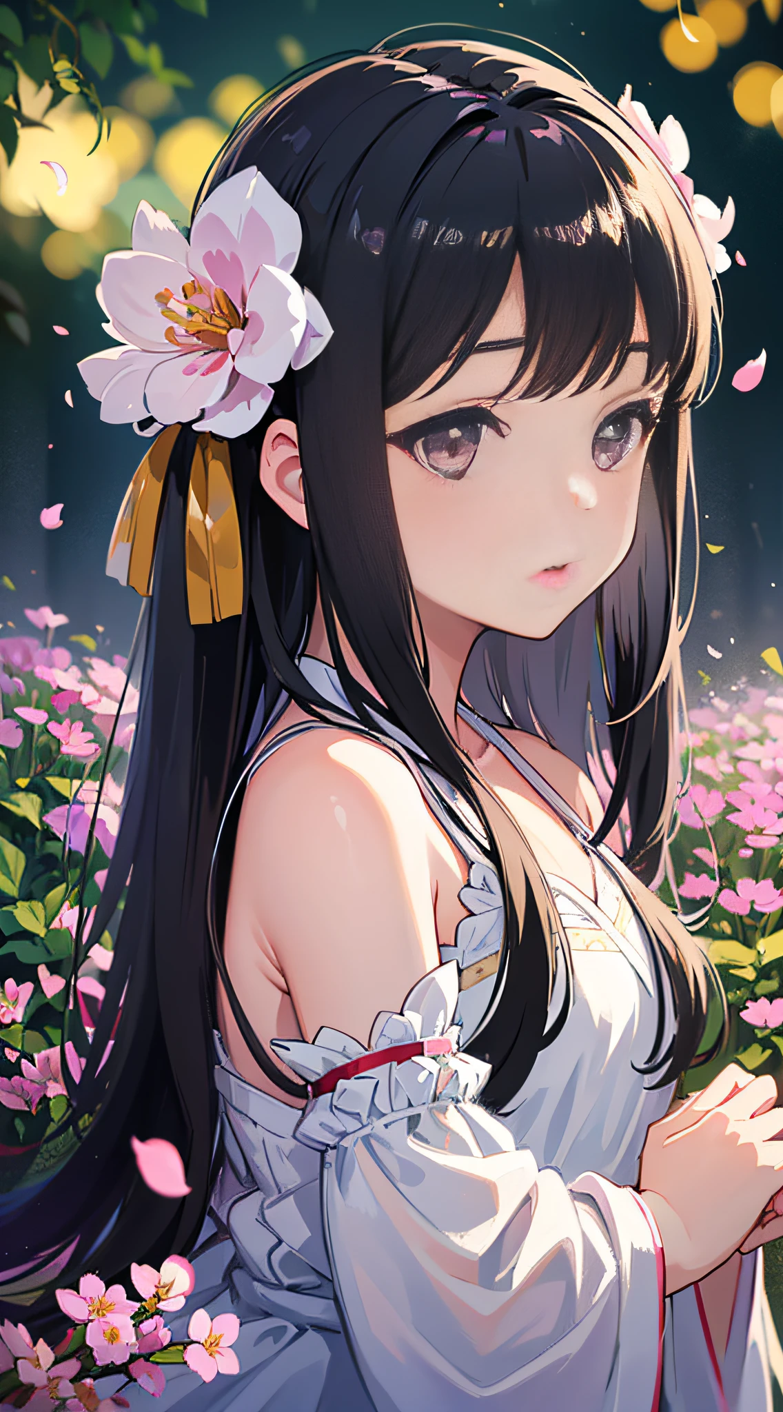 (little girl: 1.5), lace, ribbon, Hanfu, (masterpiece, side light, delicate and beautiful gray eyes: 1.2), masterpiece, realistic, glowing eyes, shiny hair, black hair, long hair, shiny skin, solo, awkward, tube top, delicate, beautiful, garden, flowers, fluttering petals,
