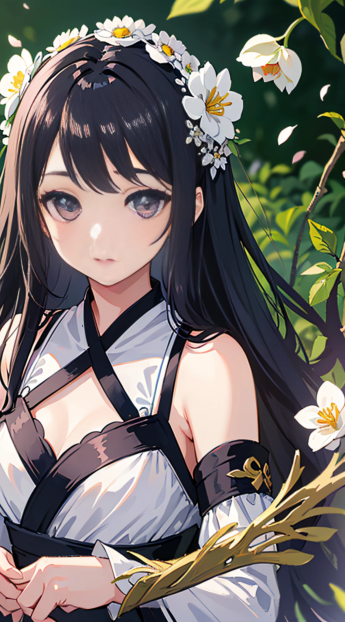 (little girl: 1.5), lace, ribbon, Hanfu, (masterpiece, side light, delicate and beautiful gray eyes: 1.2), masterpiece, realistic, glowing eyes, shiny hair, black hair, long hair, shiny skin, solo, awkward, tube top, delicate, beautiful, garden, flowers, fluttering petals,