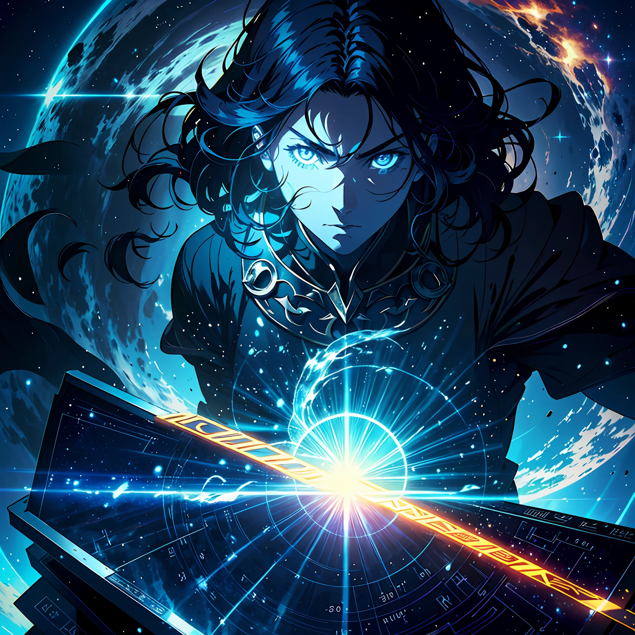 book cover of a middle school fantasy novel, a huge math game board surrounded by light, flutua no meio. Behind it, you can see the face of a hero challenging a math game against the backdrop of a blue sky, um preto sem rosto-adolescente de cabelo. Atmosfera encantadora. Alta qualidade