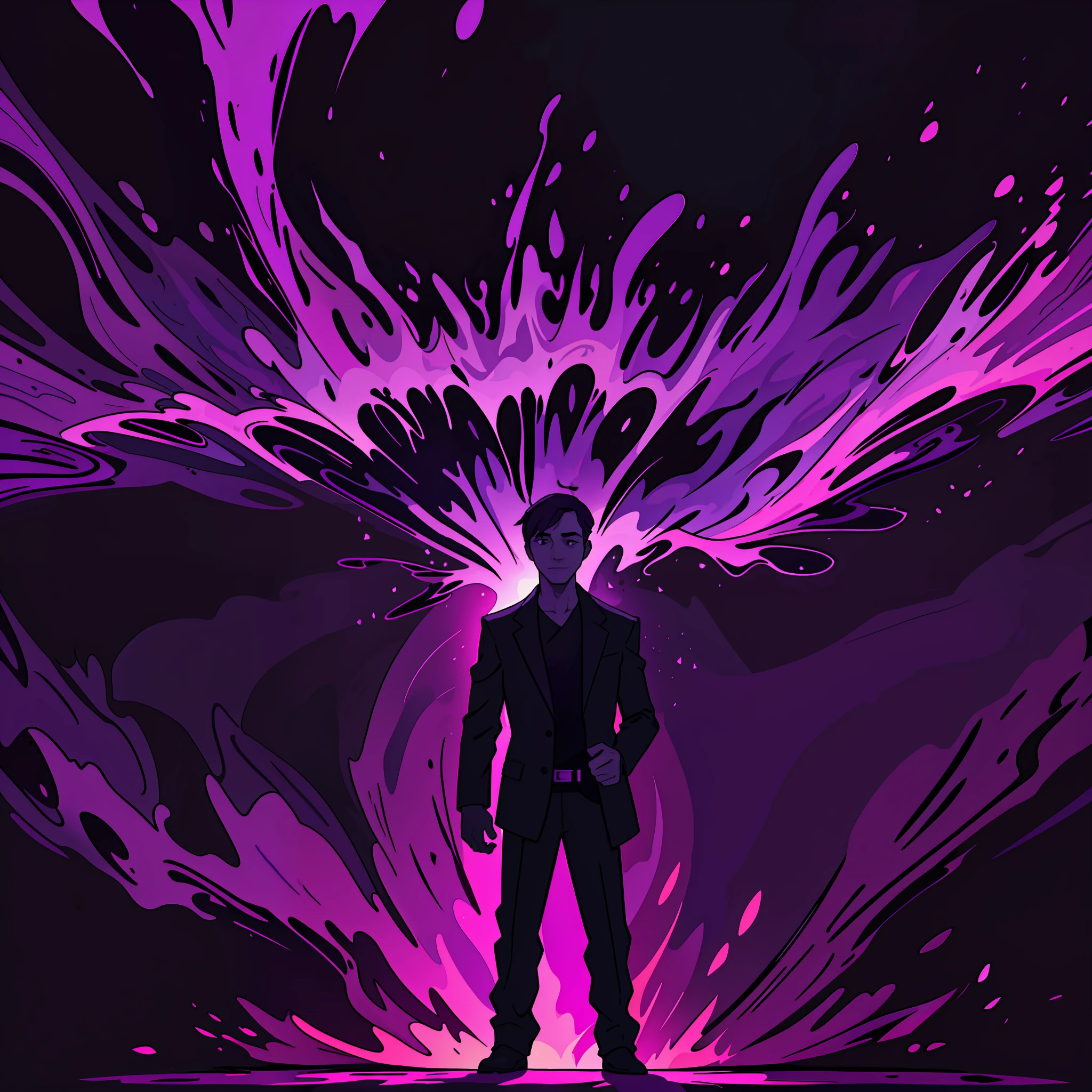 a silhouette of a man standing in front of a purple sky, abstract purple lighting, abstract album cover, digital art - n 9, inspired by Jules Olitski, black purple studio background, jpeg artifacts, dark strokes, digital painting - n 5, dark purple swamp, abstract painting of man on fire, dark backround, trending on artbreeder