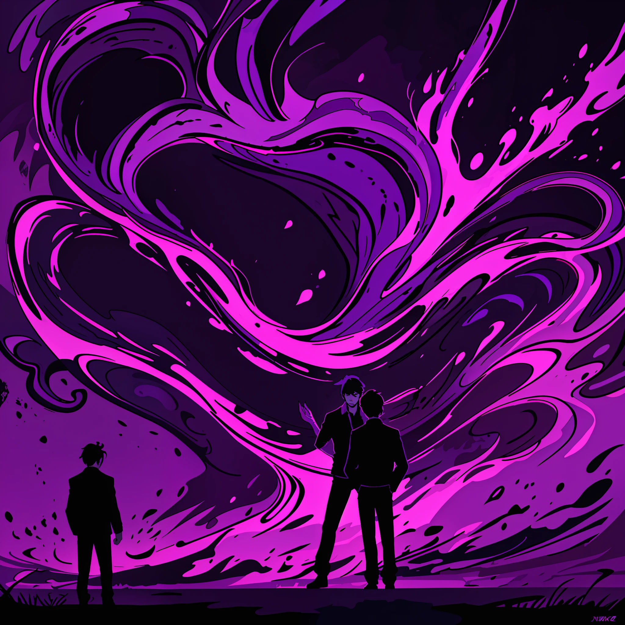 a silhouette of a man standing in front of a purple sky, abstract purple lighting, abstract album cover, digital art - n 9, inspired by Jules Olitski, black purple studio background, jpeg artifacts, dark strokes, digital painting - n 5, dark purple swamp, abstract painting of man on fire, dark backround, trending on artbreeder