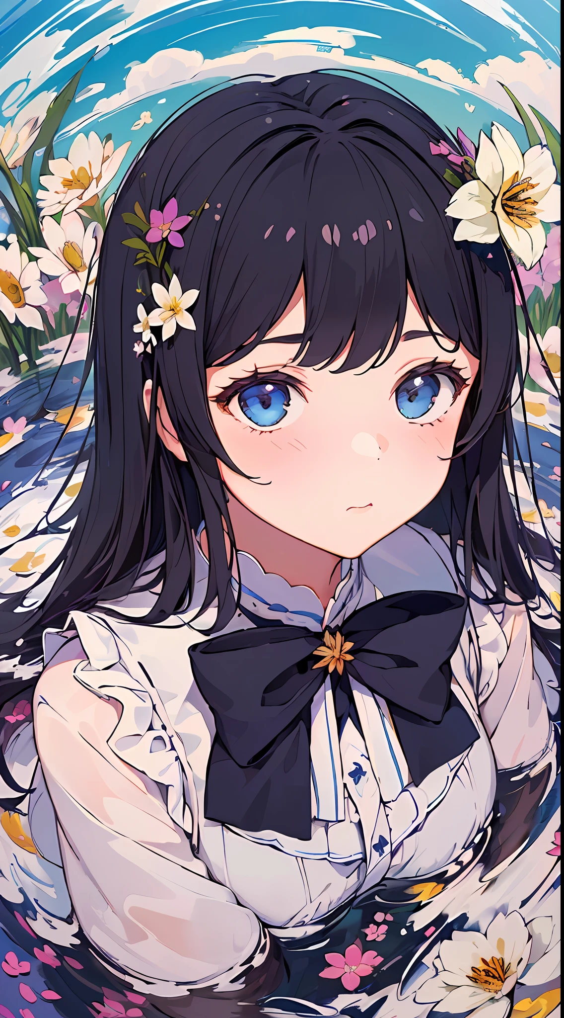 ((masterpiece,best quality)),(1girl, solo:1.4),negative space:1.3,from above,beautiful detailed eyes, vivid, cloudy sky, flower, anemone \(flower\), daffodil, hyacinth,falling petals,sanshoku dango, hanami, picnic, incoming kiss, incoming hug,