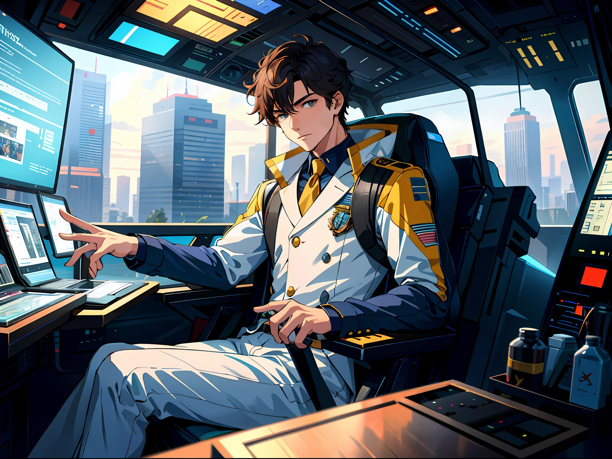 high resolusion，maximum quality，illustartion，Hyperdetailed，A handsome young man was sitting in the cockpit of the mecha，In front of you is a virtual monitor