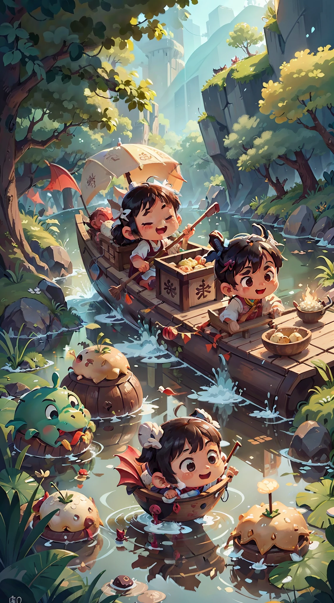 the Dragon Boat Festival, Festivals in China, (Several super cute ancient Chinese boys and girls),(The children had happy smiles on their faces),(Squint and smile),(On board there are rice dumplings - a Chinese delicacy),Paddling a wooden boat, The bow of the ship is shaped like the head of a dragon, The faucet is made of wood, The bow of the boat is a dragon head carved out of wood, clear outline light, edge light, Dreamy speckled light, flat illustration(Important vocabulary)(Important vocabulary), Disney style, Highest picture quality, Jeizuo, 8k,(Used as a commercial poster style)