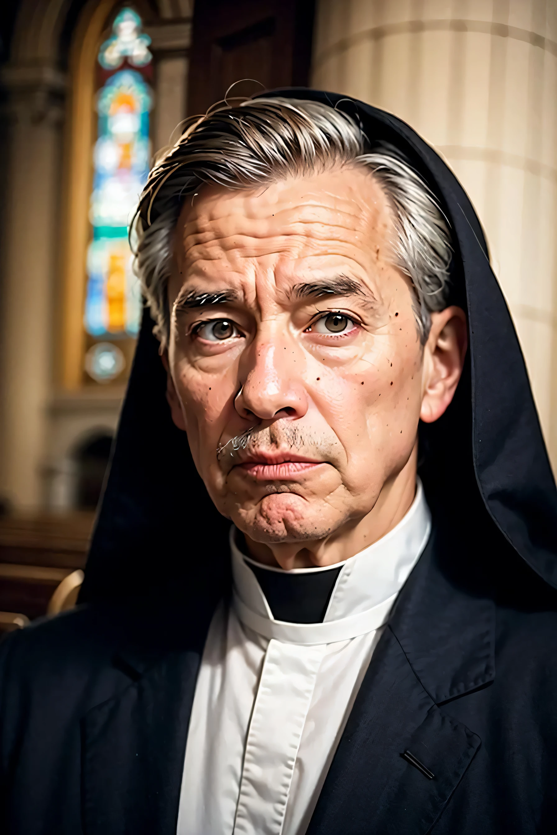 priest, detailed face, dark light, background is a church detailed, portrait, photo, photograph, 25mm, soft color, photorealistic, by Joe McNally