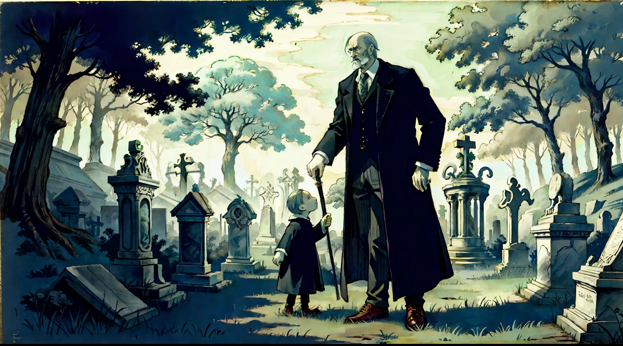 An elemental cryptid in an enchanting cemetery by Edward Gorey and Fritz Bleyl