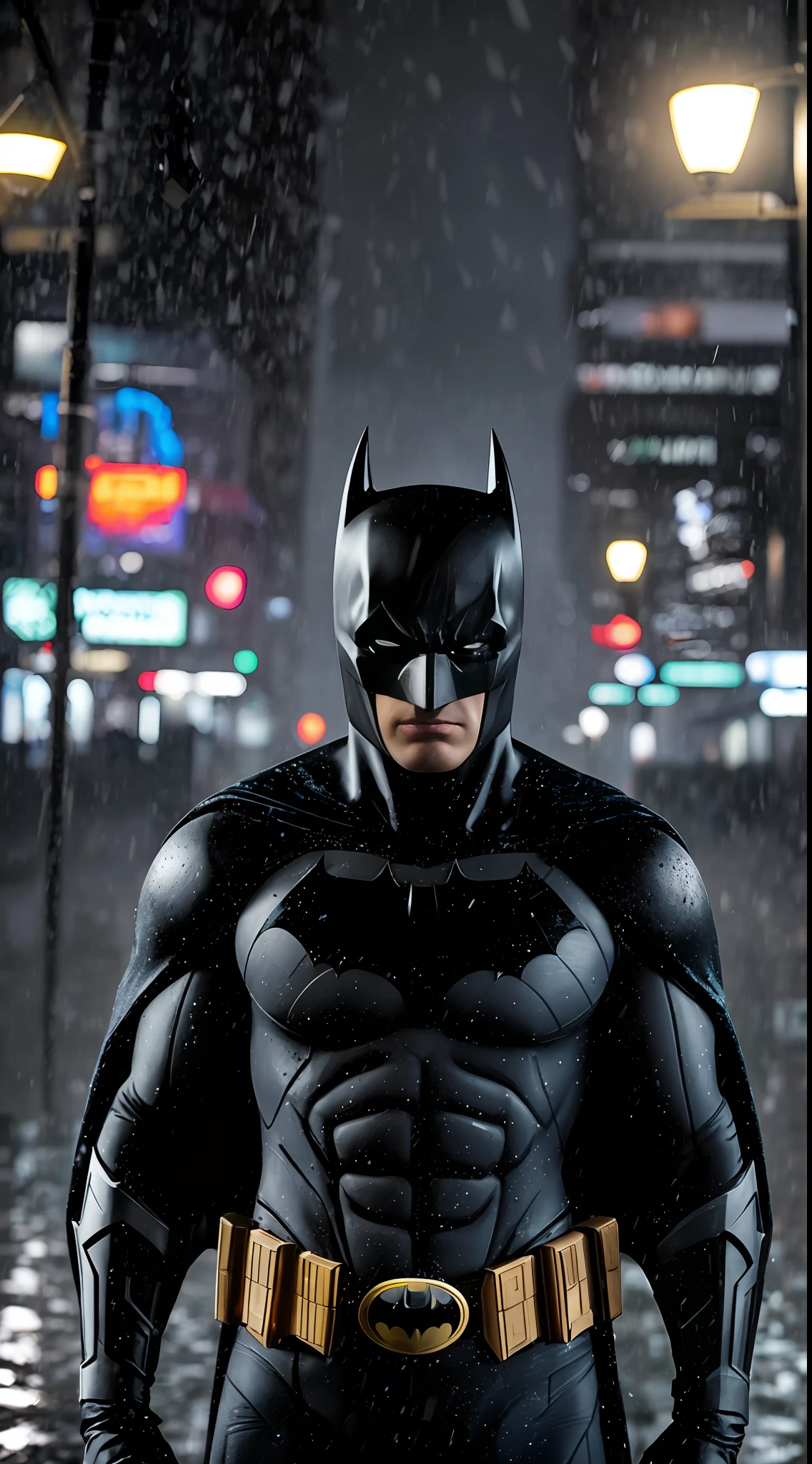 Um Retrato de um homem, Batman, corpo inteiro, na chuva, cidade de Gotham, obscuro, 8k, HD, bem detalhado.