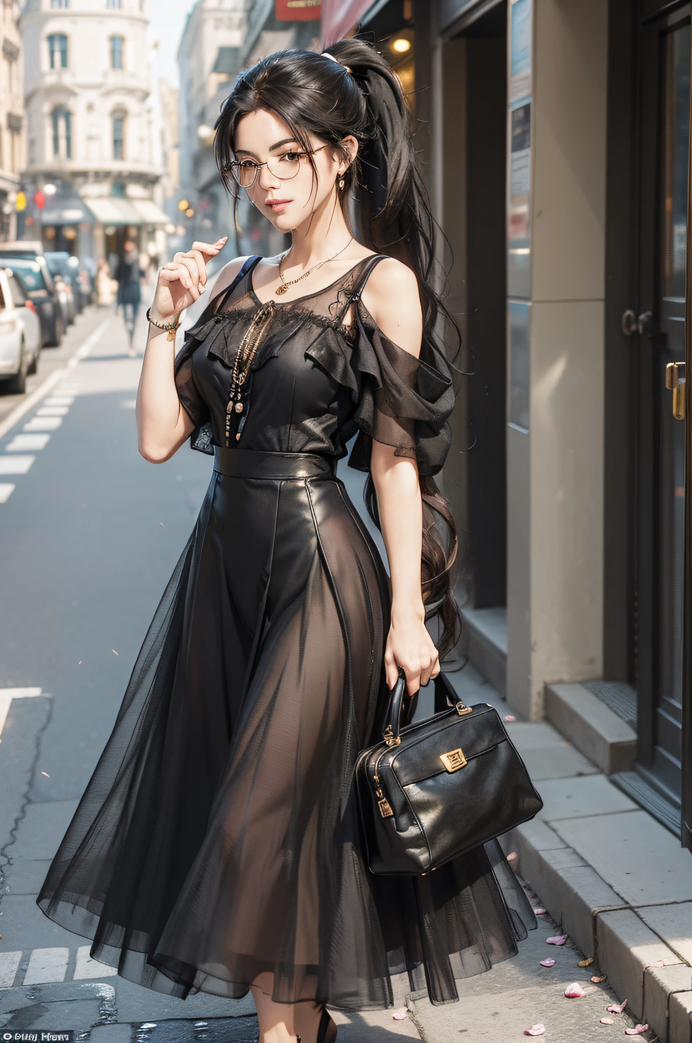 beautiful, (masterpiece:1.2), (best quality:1.2),outdoors, city, street, petals, sunshine, cinematic, drama angle, perfect eyes, detail eyes, perfect face, perfect lighting, 1 woman, old woman, solo, dynamic pose, casual clothes, full body, black hair, glasses, withe dress, very long hair, black eyes, ponytail