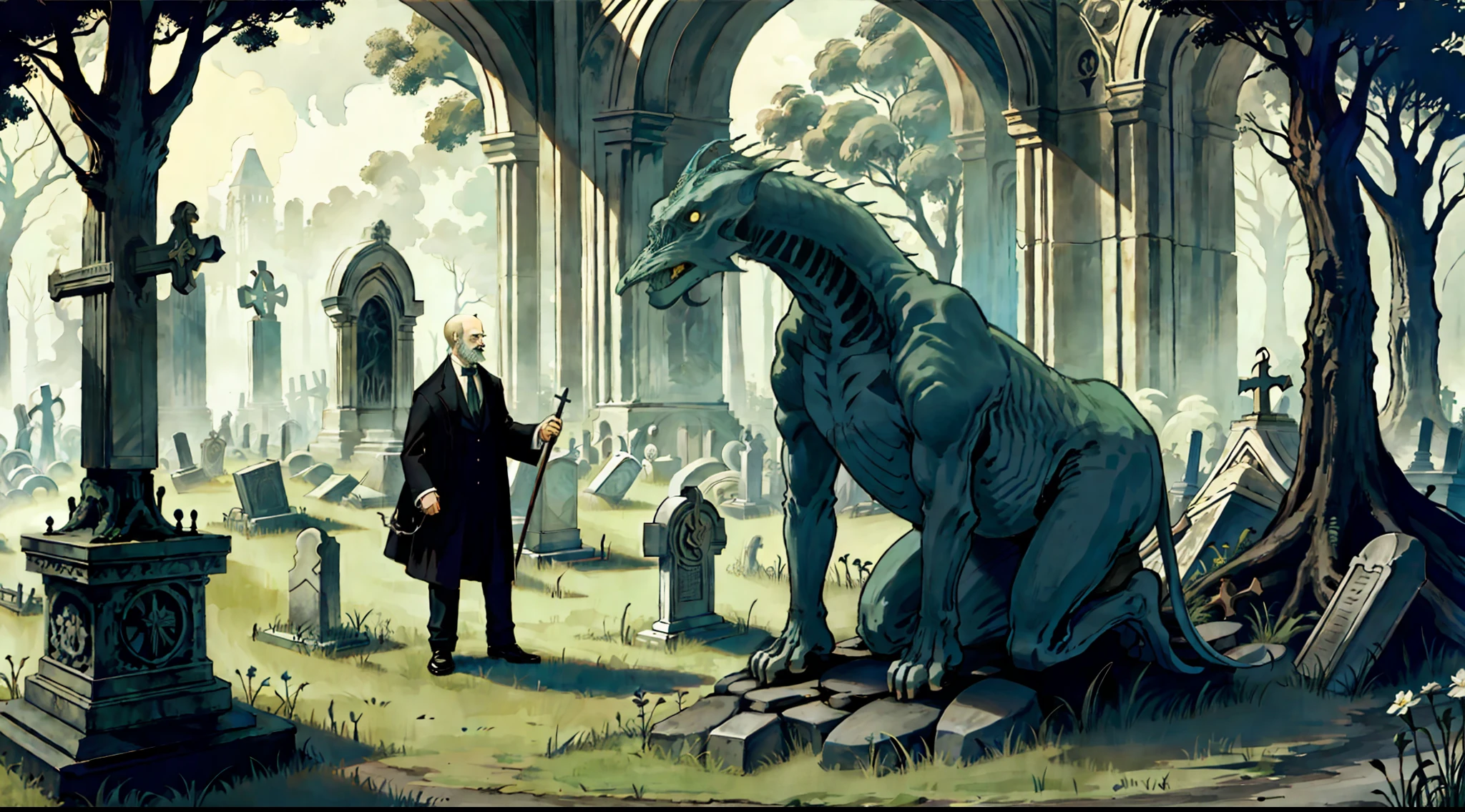 An elemental cryptid in an enchanting cemetery by Edward Gorey and Fritz Bleyl