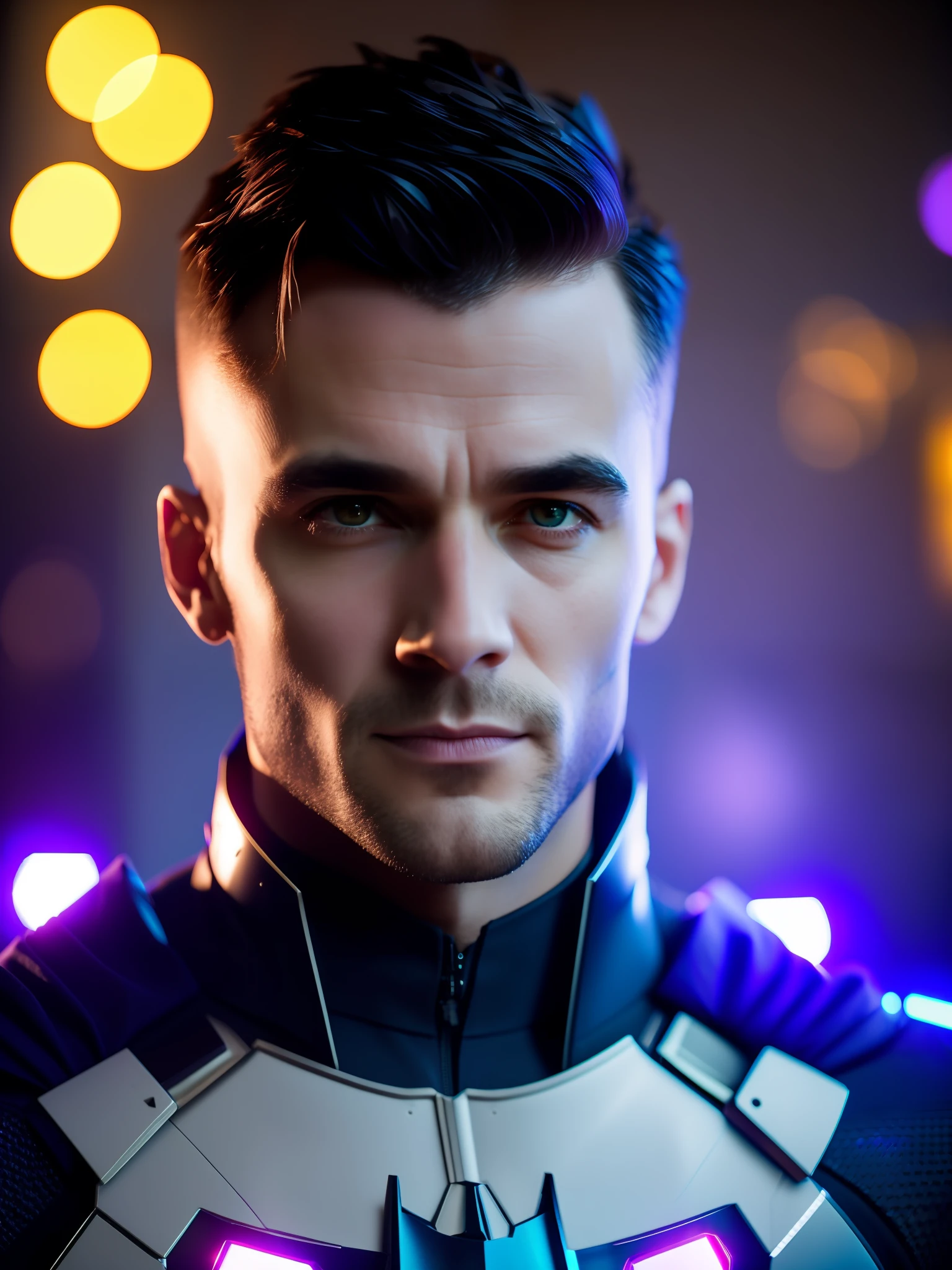 Batman award-winning photo of a man, superhero suit, square jawline, asymmetric face, purple light, 80mm, bokeh, mass effect, close up, fking_cinema_v2, 8k, cinematic