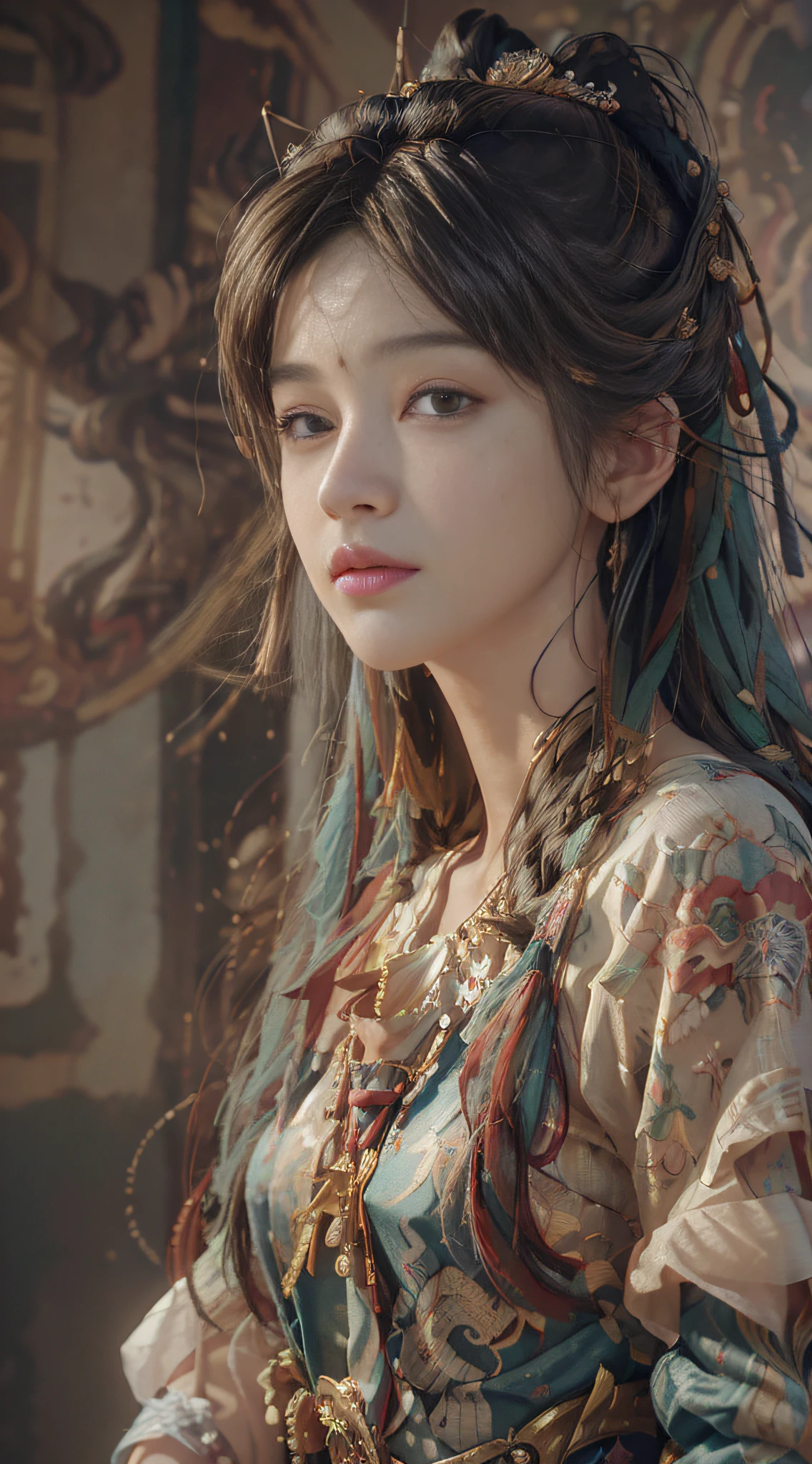 (RAW photo, best quality), (realistic, photo-realistic:1.3),best quality,highly detailed,masterpiece,ultra-detailed,illustration,1girl,upper_body,dynamic angle,world masterpiece theater,messy_long_hair,best quality,extremely detailed CG unity 8k wallpaper,ink,Amazing,cinematic lighting,lens_flare, dunhuang_style