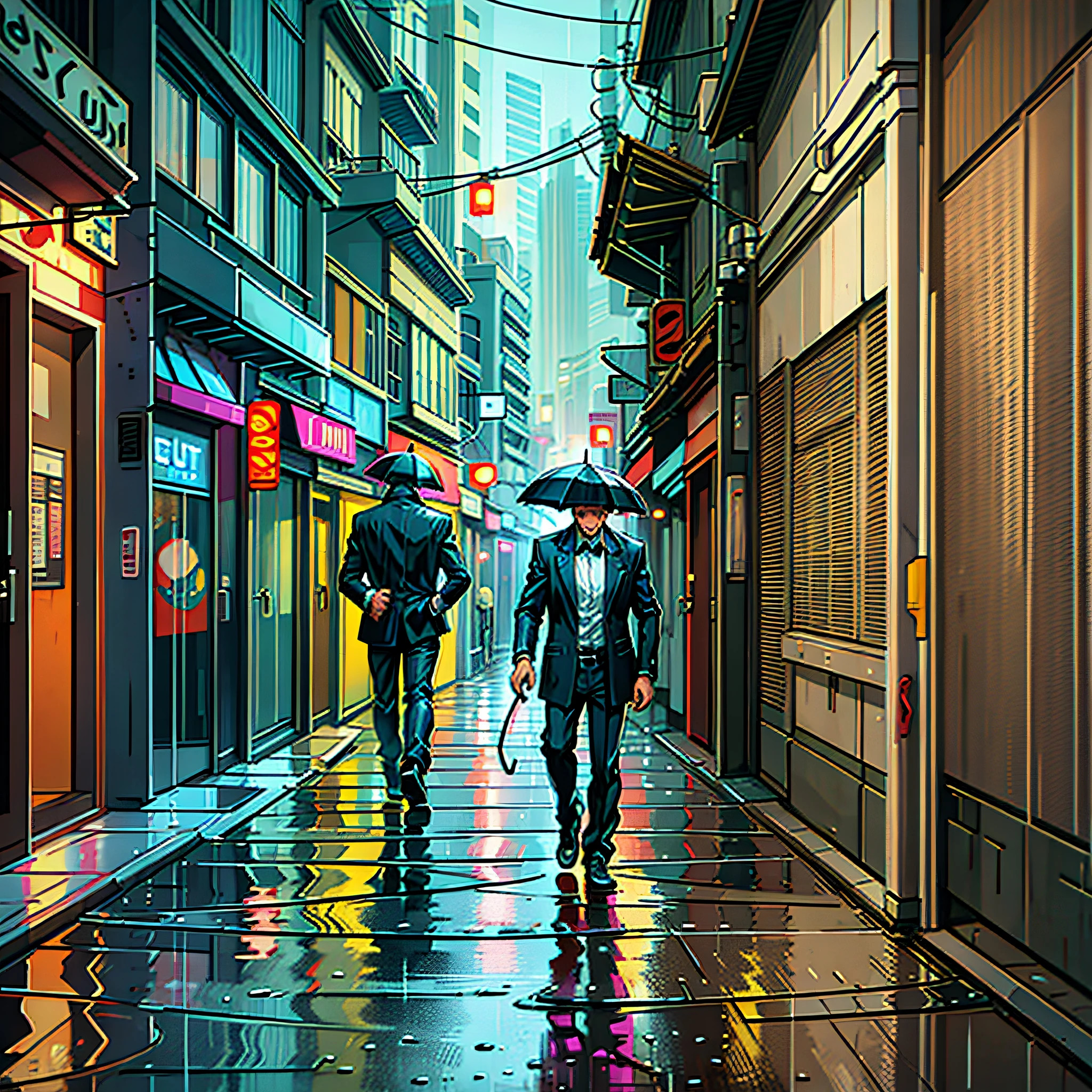 A poster of a man walking in the rain with monsters behind him in street graffiti style --auto --s2