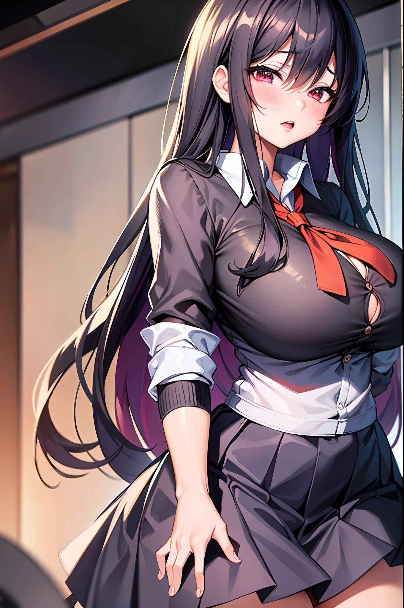 schoolgirl, huge breasts, long black hair untied, long black hair, twisted eyes, long eyelashes, nice and cute huge breasts, upskirt, big boobs, thighs, anime style, big boobs emphasized, naughty anime style, ecchi sexy thighs, naughty thighs, smooth anime cg art, surreal schoolgirl, seductive anime girl, realistic schoolgirl, smooth anime cg art, anime girl, beautiful anime schoolgirl, beautiful anime girl, beautiful attractive anime girl, ecchi anime style, photorealistic rendering of anime girl,