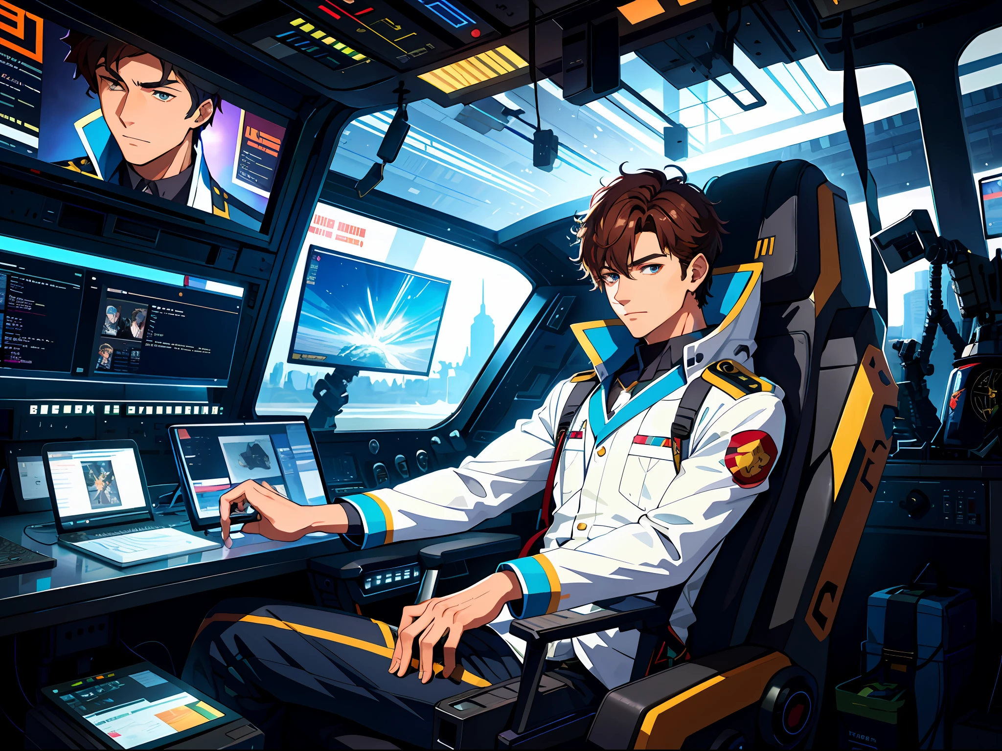 high resolusion,maximum quality,illustartion,Hyperdetailed,A handsome young man was sitting in the cockpit of the mecha,In front of you is a virtual monitor