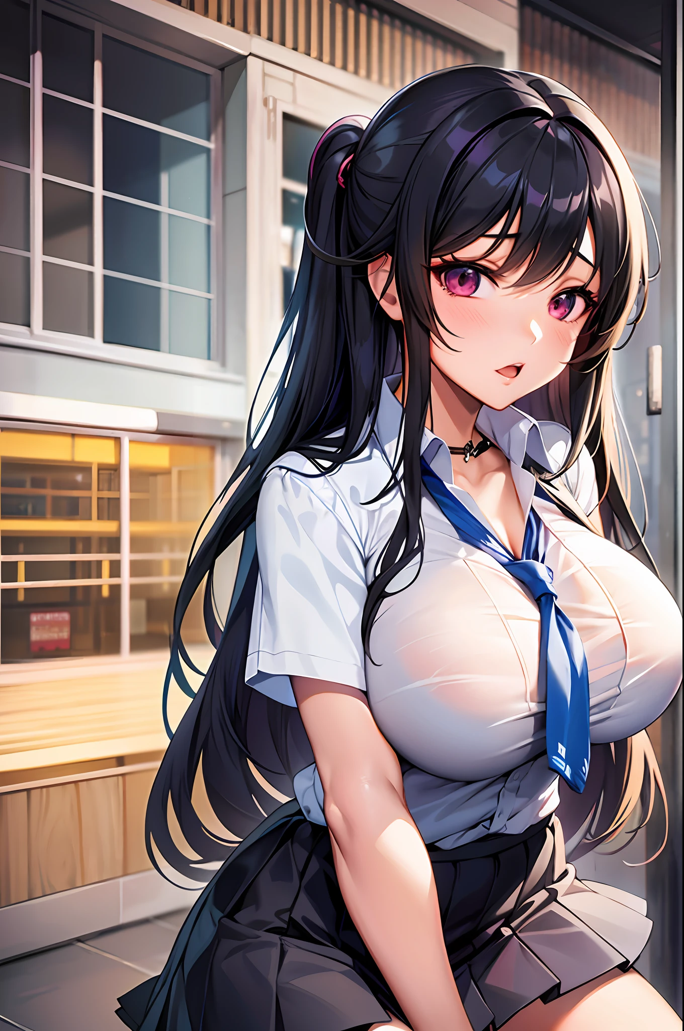 schoolgirl, huge breasts, long black hair untied, long black hair, twisted eyes, long eyelashes, nice and cute huge breasts, upskirt, big boobs, thighs, anime style, big boobs emphasized, naughty anime style, ecchi sexy thighs, naughty thighs, smooth anime cg art, surreal schoolgirl, seductive anime girl, realistic schoolgirl, smooth anime cg art, anime girl, beautiful anime schoolgirl, beautiful anime girl, beautiful attractive anime teen girl, ecchi anime style, photorealistic rendering of anime girl,
