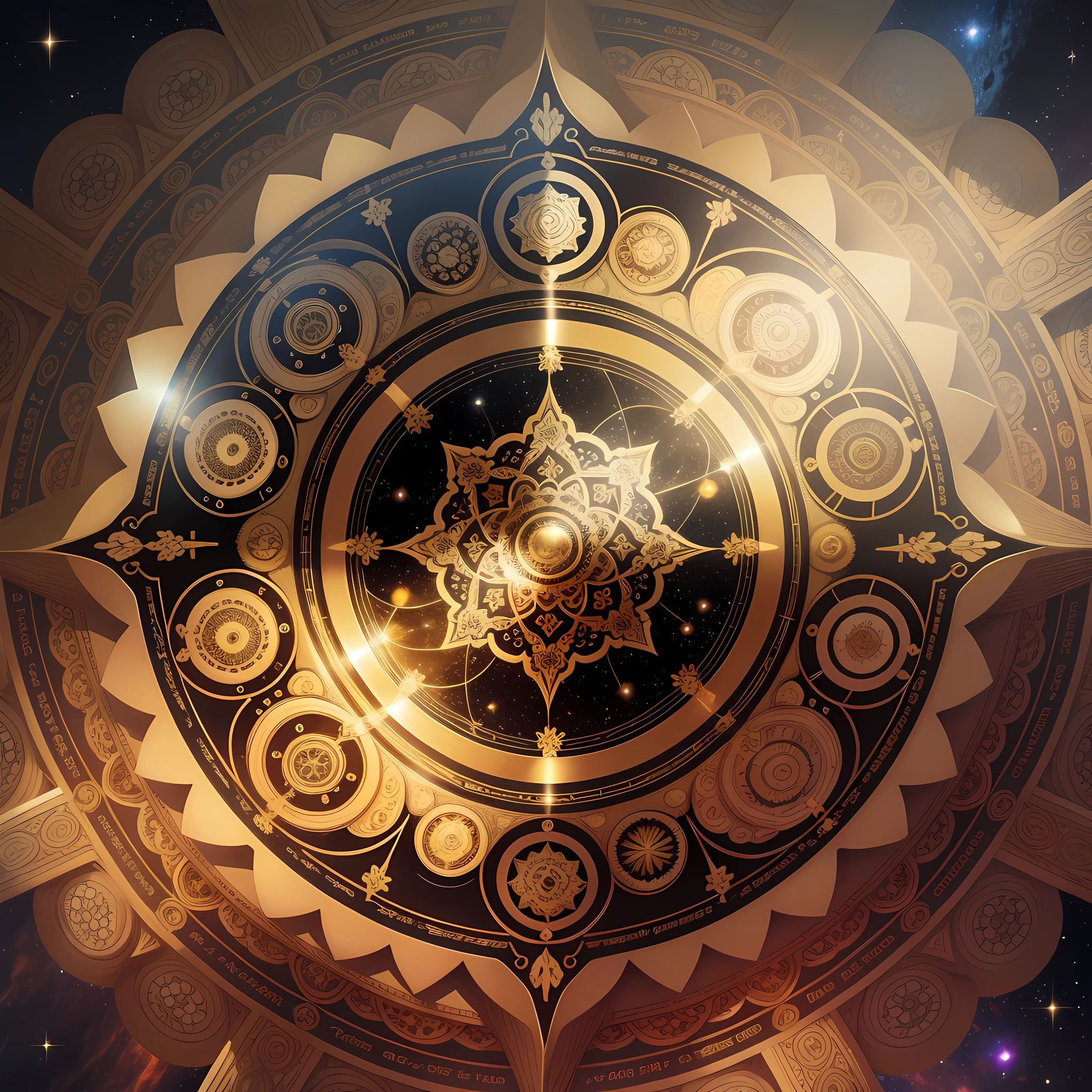 Ultra High definition。High dimensions。Golden mandala floating in outer space。Near the future。Shining golden aura。Glossy and intricate design。realistic gold。