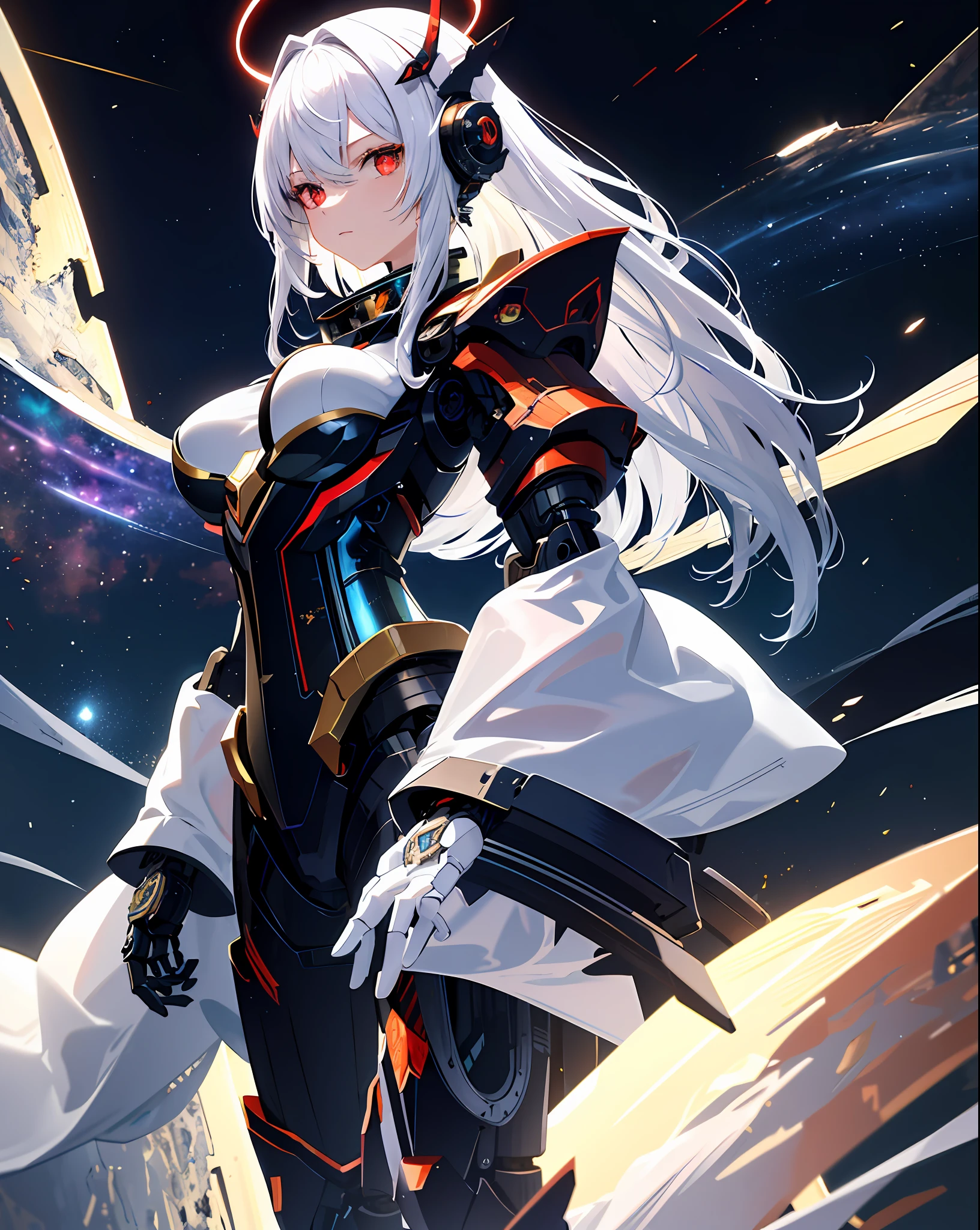 masterpiece,best quality,ultra-detailed,very detailed illustrations,extremely detailed,intricate details,highres,super complex details,extremely detailed 8k cg wallpaper,cowboy shot, caustics,reflection,ray tracing,demontheme,nebula,dark aura,cyber effect, (1girl:1.4),solo,alone,mecha musume,mechanical parts, robot joints,single mechanical arm, headgear, mechanical halo,star halo,intricate mechanical bodysuit, mecha corset, kimono, full armor, very long hair,white hair, hair between eyes, multicolored hair, colored inner hair, red eyes,glowing eye,eye trail, random expressions,random action, ancient japanese architecture,pond, starry sky,skyline,