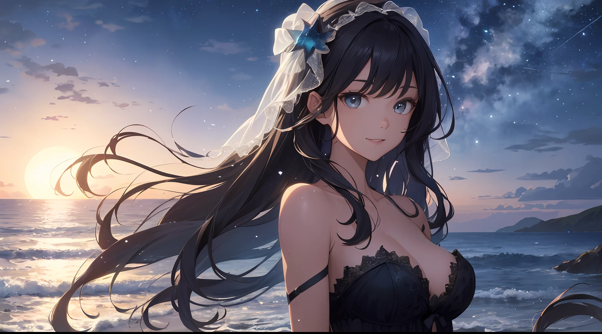 (Best Quality: 1.5), (Ultra Detail: 1.5), (Best Quality Photo: 1.5), ocean as far as the eye can see, horizon, pitch black sea, full moon night, rainbow, midnight, scenic, beautiful landscape, galaxy, nebula, full of stars, particles of light, very delicate and beautiful, very detailed, bioluminescence, cinematic light, mysterious, cinematic angle, 8k resolution, elegant, perfect, smooth, beautiful girl staring into the distance, very cute, smile, (delicate and beautiful eyes: 1.2), (girl: 1.5),lace,ribbon,strapless,luxurious accessories, solo, perfect body, water droplets, transparency,