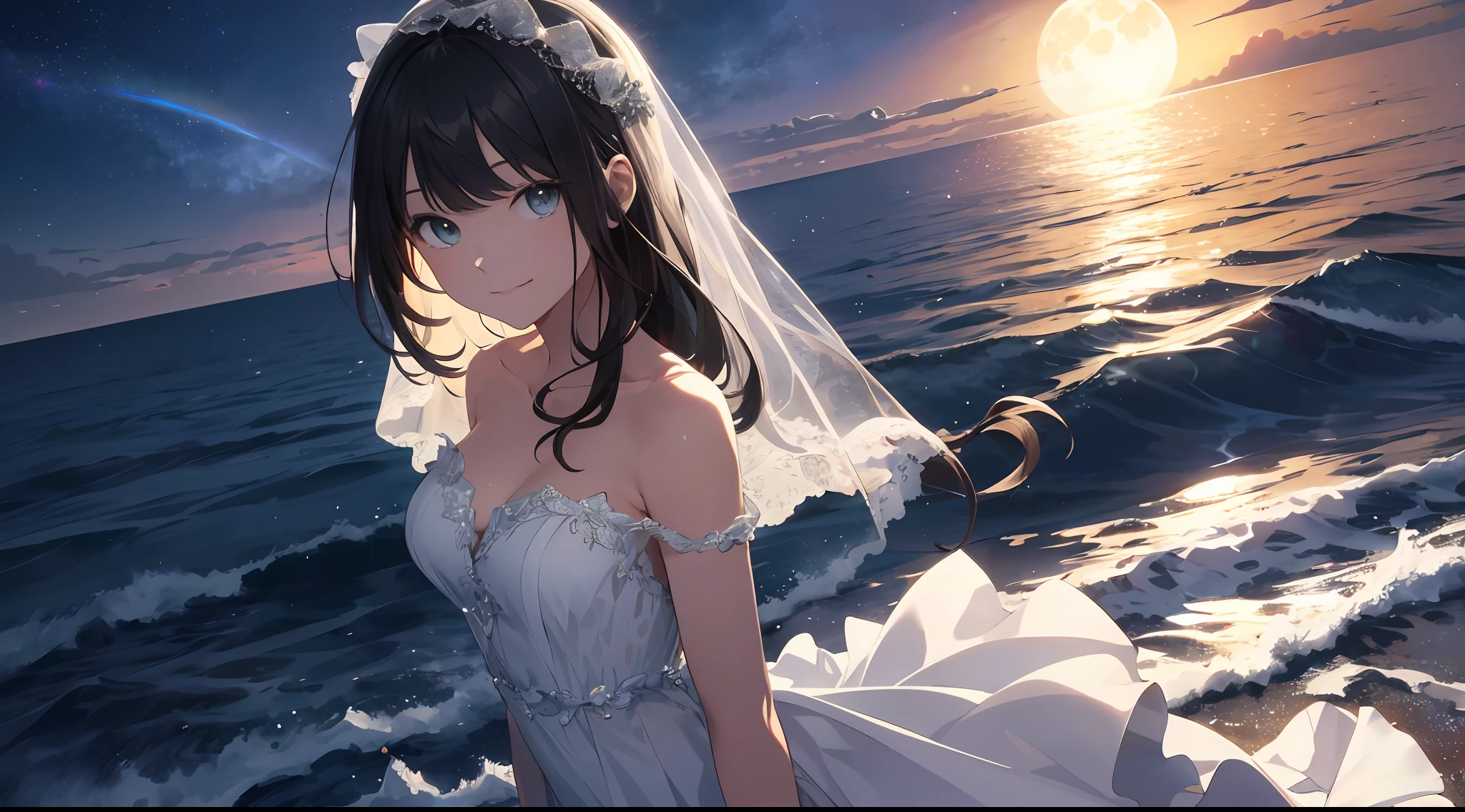 (Best Quality: 1.5), (Ultra Detail: 1.5), (Best Quality Photo: 1.5), ocean as far as the eye can see, horizon, pitch black sea, full moon night, rainbow, midnight, scenic, beautiful landscape, galaxy, nebula, full of stars, particles of light, very delicate and beautiful, very detailed, bioluminescence, cinematic light, mysterious, cinematic angle, 8k resolution, elegant, perfect, smooth, beautiful girl staring into the distance, very cute, smile, (delicate and beautiful eyes: 1.2), (girl: 1.5),lace,ribbon,strapless,luxurious accessories, solo, perfect body, water droplets, transparency,