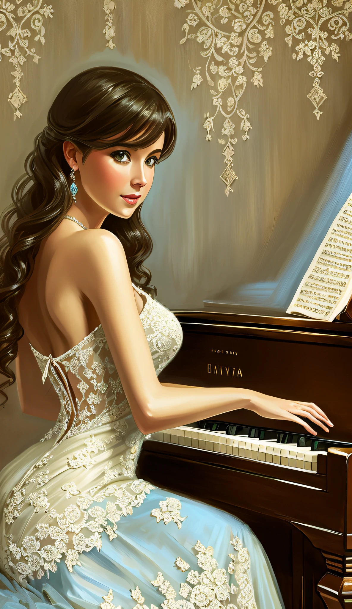 A maiden in an antique ivory lace dress playing a grand piano, in the style of Inessa Garmash, dark aquamarine --auto --s2