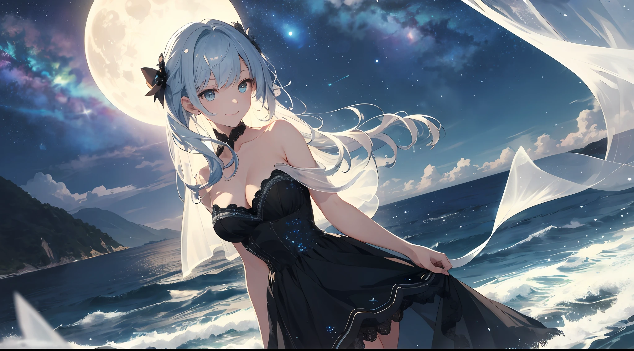 (Best Quality: 1.5), (Ultra Detail: 1.5), (Best Quality Photo: 1.5), ocean as far as the eye can see, horizon, pitch black sea, full moon night, rainbow, midnight, scenic, beautiful landscape, galaxy, nebula, full of stars, particles of light, very delicate and beautiful, very detailed, bioluminescence, cinematic light, mysterious, cinematic angle, 8k resolution, elegant, perfect, smooth, beautiful girl staring into the distance, very cute, smile, (delicate and beautiful eyes: 1.2), (girl: 1.5),lace,ribbon,strapless,luxurious accessories, solo, perfect body, water droplets, transparency,