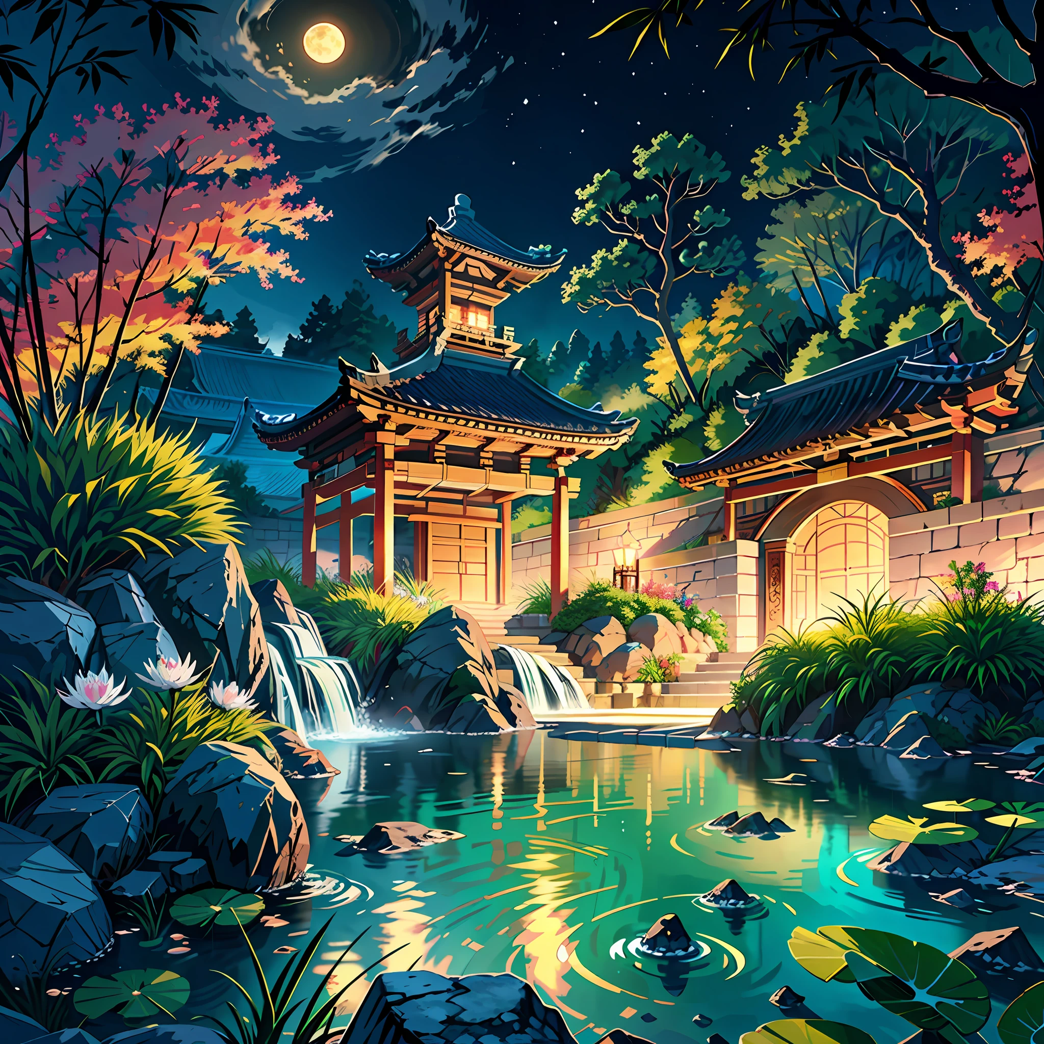Ancient Chinese architecture, moon, midnight, garden, bamboo, lake, stone bridge, rockery, arch, corner, tree, running water, landscape, outdoor, waterfall, grass, rock, water lily, hot spring, water vapor, (Illustration: 1.0), Epic Composition, Realistic Lighting, HD Details, Masterpiece, Best Quality, (Very Detailed CG Unity 8k) --v 6