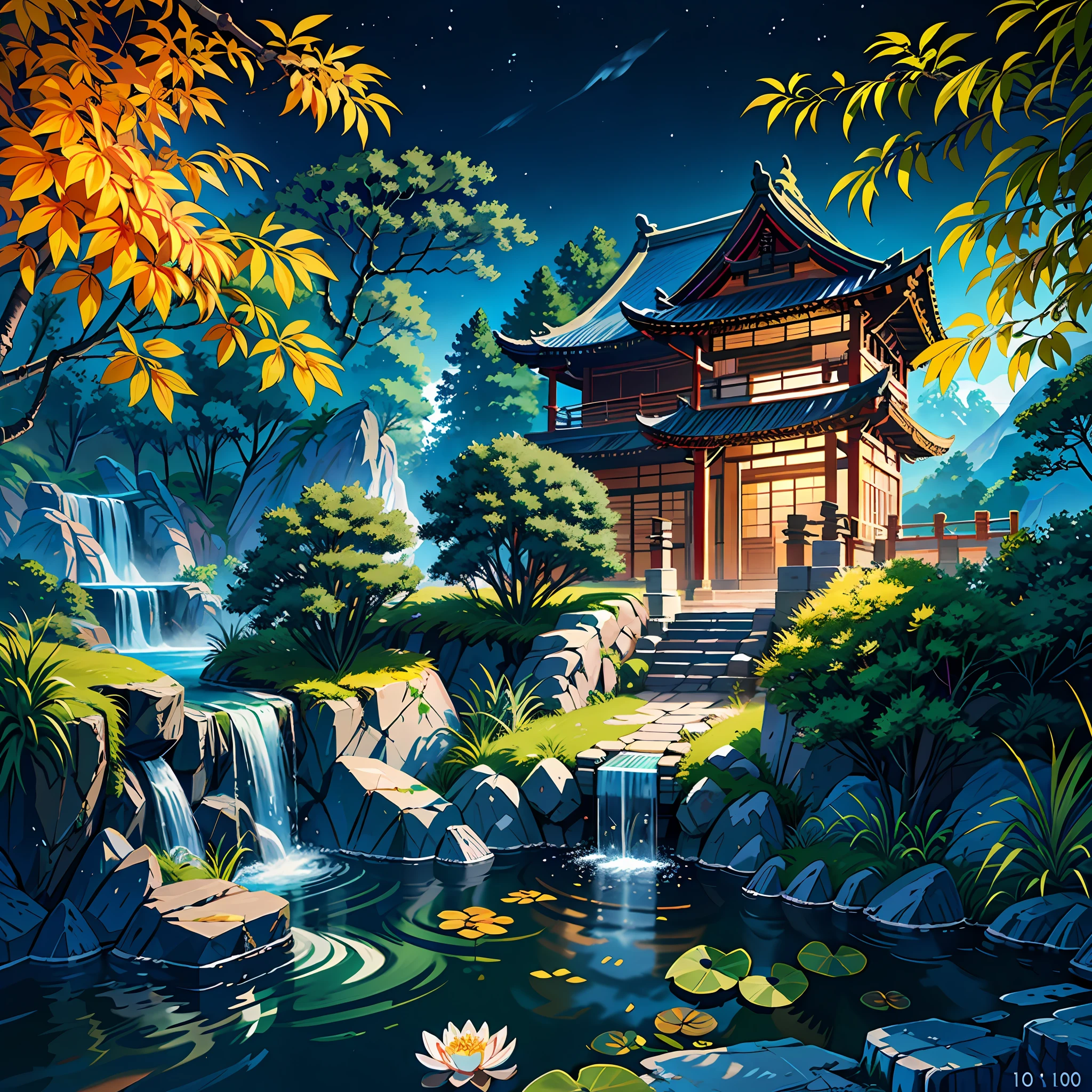 Ancient Chinese architecture, moon, midnight, garden, bamboo, lake, stone bridge, rockery, arch, corner, tree, running water, landscape, outdoor, waterfall, grass, rock, water lily, hot spring, water vapor, (Illustration: 1.0), Epic Composition, Realistic Lighting, HD Details, Masterpiece, Best Quality, (Very Detailed CG Unity 8k) --v 6