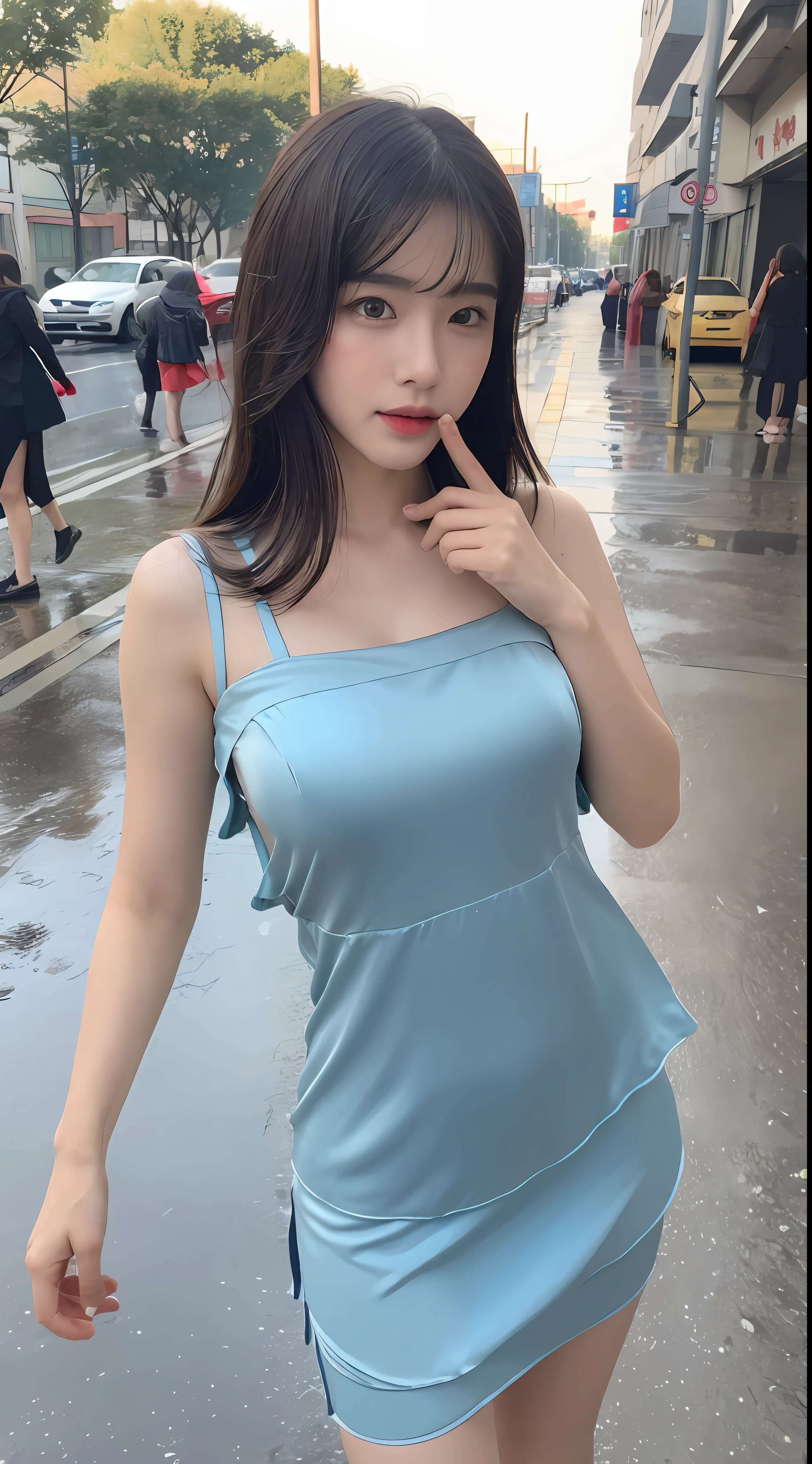 ((Bestquality, 8k, Jeizuo:1.3)), Focus:1.2, Perfect body beauty:1.4, Giant breasts:1.3,buttocks:1.2, ((Cut hair in layers, beautiful breasts:1.2)), (Silk chestless cheongsam:1.1) , (Rain, Street:1.3), Silk chestless cheongsam:1.1, Highly detailed facial and skin texture, detailed eye, Double eyelidd,Whiten skin,long long hair