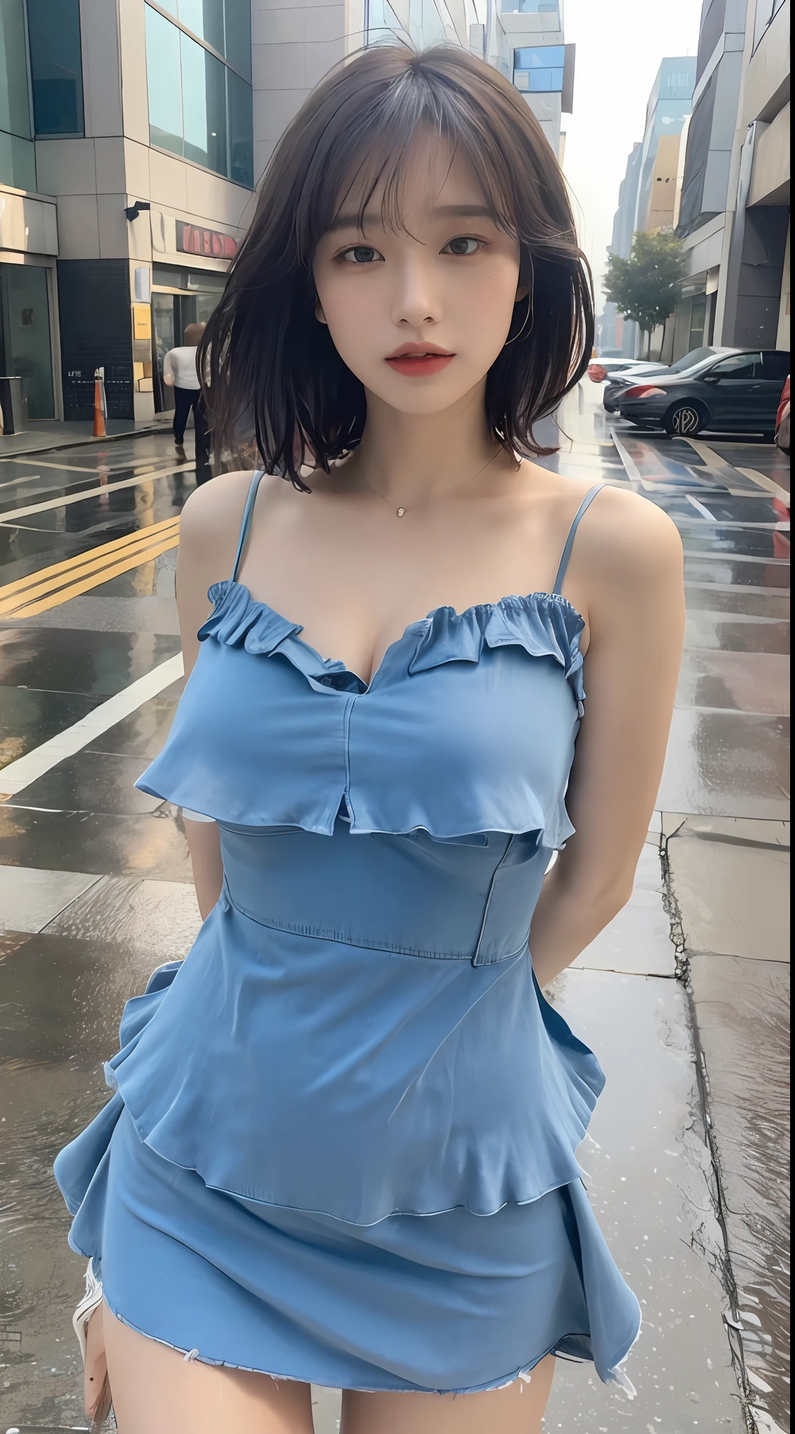 ((Best Quality, 8k, Masterpiece:1.3)), Focus:1.2, Perfect Body Beauty:1.4, Buttocks:1.2, ((Layered Haircut, Breasts:1.2)), (Wet Clothes:1.1) , (Rain, Street:1.3), Bandeau Dress: 1.1, Highly Detailed Face and Skin Texture, Fine Eyes, Double Eyelids, Whitened Skin, Long Hair, (Shut Up: 1.3)
