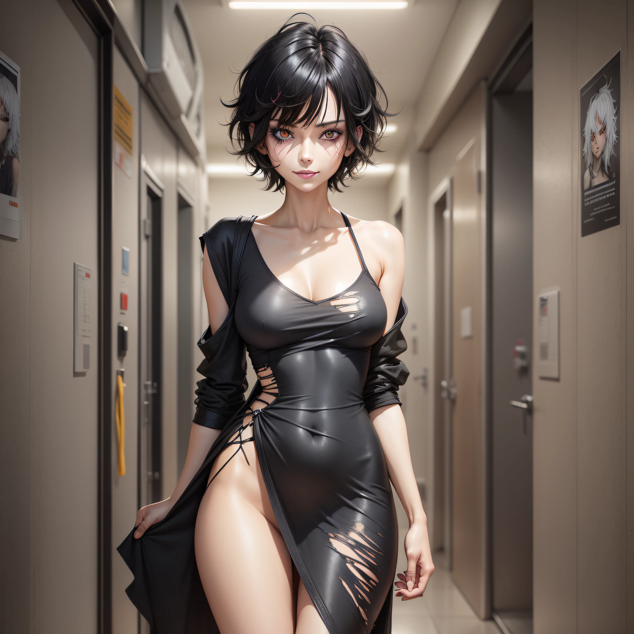 skinny woman, large clothes, skinny legs, dress, hospital clothes, short hair, streaked hair, black hair, asymmetrical hair, messy hair, no pupils, blank eyes, devil eyes, makeup, smile, Hyperrealism, anime style, Realism, anatomically correct, textured skin, best quality