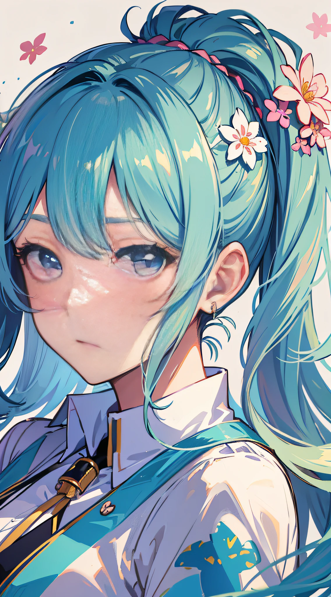 (masterpiece), (best quality), (ultra detailed),(disheveled hair),(illustration), (1girl), (Fashionable clothing), standing, Fashion model, looking at viewer, (interview), (simple background),beautiful detailed eyes, delicate beautiful face, Floating,(high saturation),(colorful splashes),colorful bubble,(shining), focus on face,  ponytail, kamisato ayaka, light blue hair, bangs, hair ring, floating flowers, floating hairs, (shining), best lighting, best shadow,