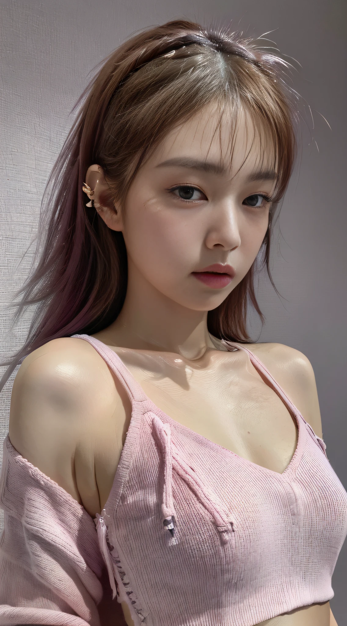 Best Quality, Masterpiece, Super High Resolution, Super Model, Shoulder Chest Portrait Photo,Pink Crop top hoodie, Pink Underwear, Big Bust, Dynamic Fashion Pose, (Realism: 1.8), Original Photo, 1girl, Bare Shoulder, In the Dark, Deep Shadow, Understated, Cold Light