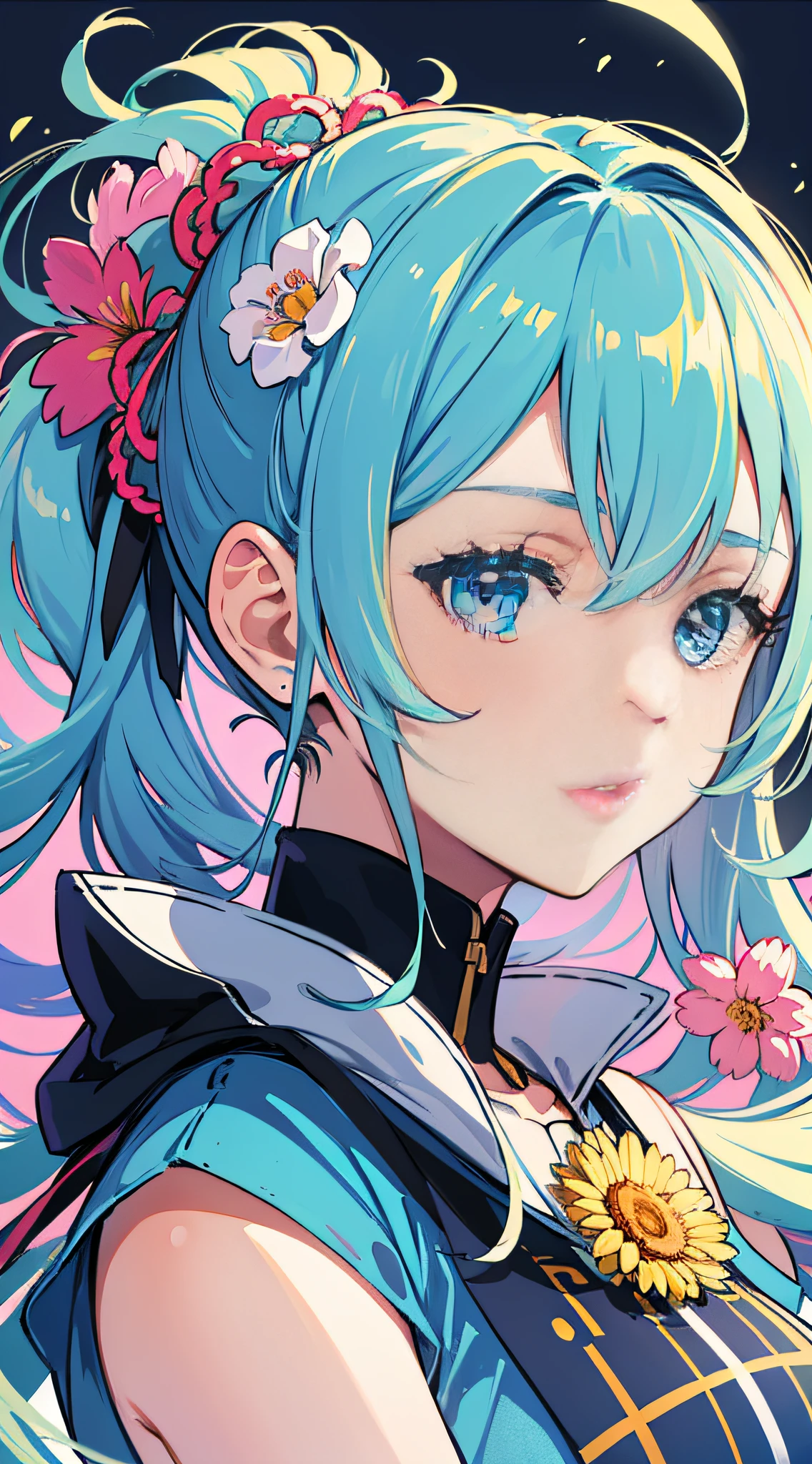 (masterpiece), (best quality), (ultra detailed),(disheveled hair),(illustration), (1girl), (Fashionable clothing), standing, Fashion model, looking at viewer, (interview), (simple background),beautiful detailed eyes, delicate beautiful face, Floating,(high saturation),(colorful splashes),colorful bubble,(shining), focus on face, ponytail, kamisato ayaka, light blue hair, bangs, hair ring, floating flowers, floating hairs, (shining), best lighting, best shadow,