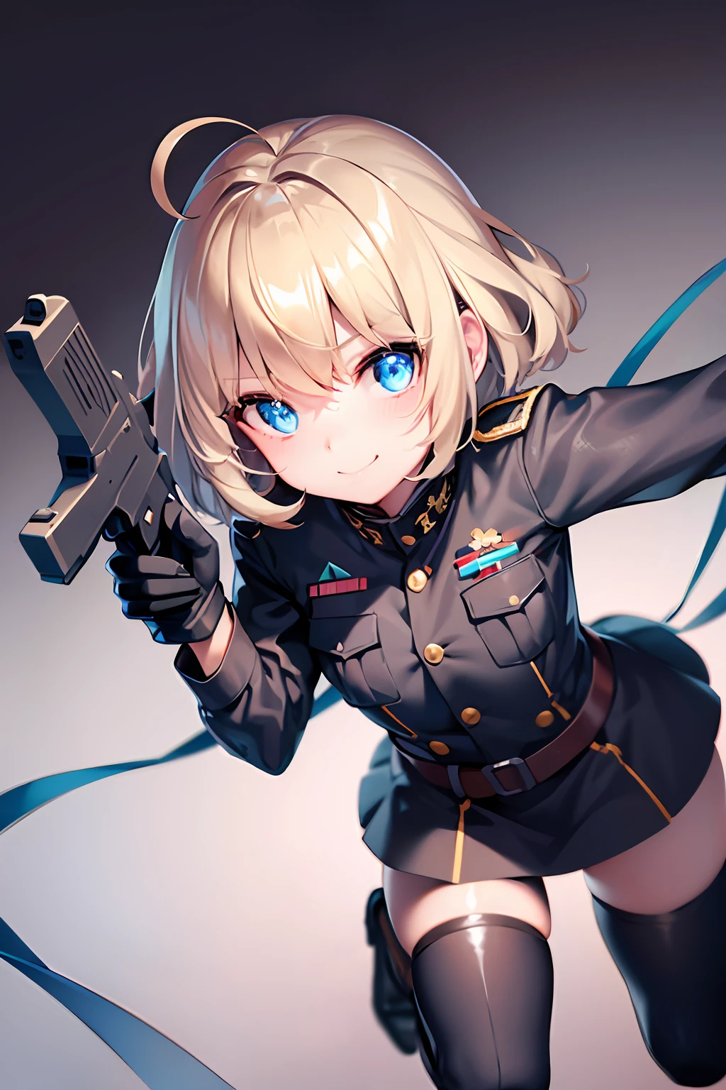 The girl wore a black German military uniform, Girls' Front, animated, extremely beautiful detailed anime face and eyes, realistic, whole body, focus on eyes, holding_weapon, beautiful detailed fullbody, petite, girl, baby,5 years old, short hair, messy hair, wept bangs, blonde hair, disheveled hair, ahoge, Delicate facerain, baby face, glowing eyes, flat_chest, blue eyes, black_gloves, gun, military, boots, black Clothes, grand space, floating, God Light, Absurd, artbook, extremely detailed 8K wallpaper, very precise detailed, absurdres, {{{{{{{hensin}}}}}}},{{{{glowing neon arms}}}},{{{{glowing neon legs}}}}, dutch angle, from above, (naughty smile), detailed gun,
