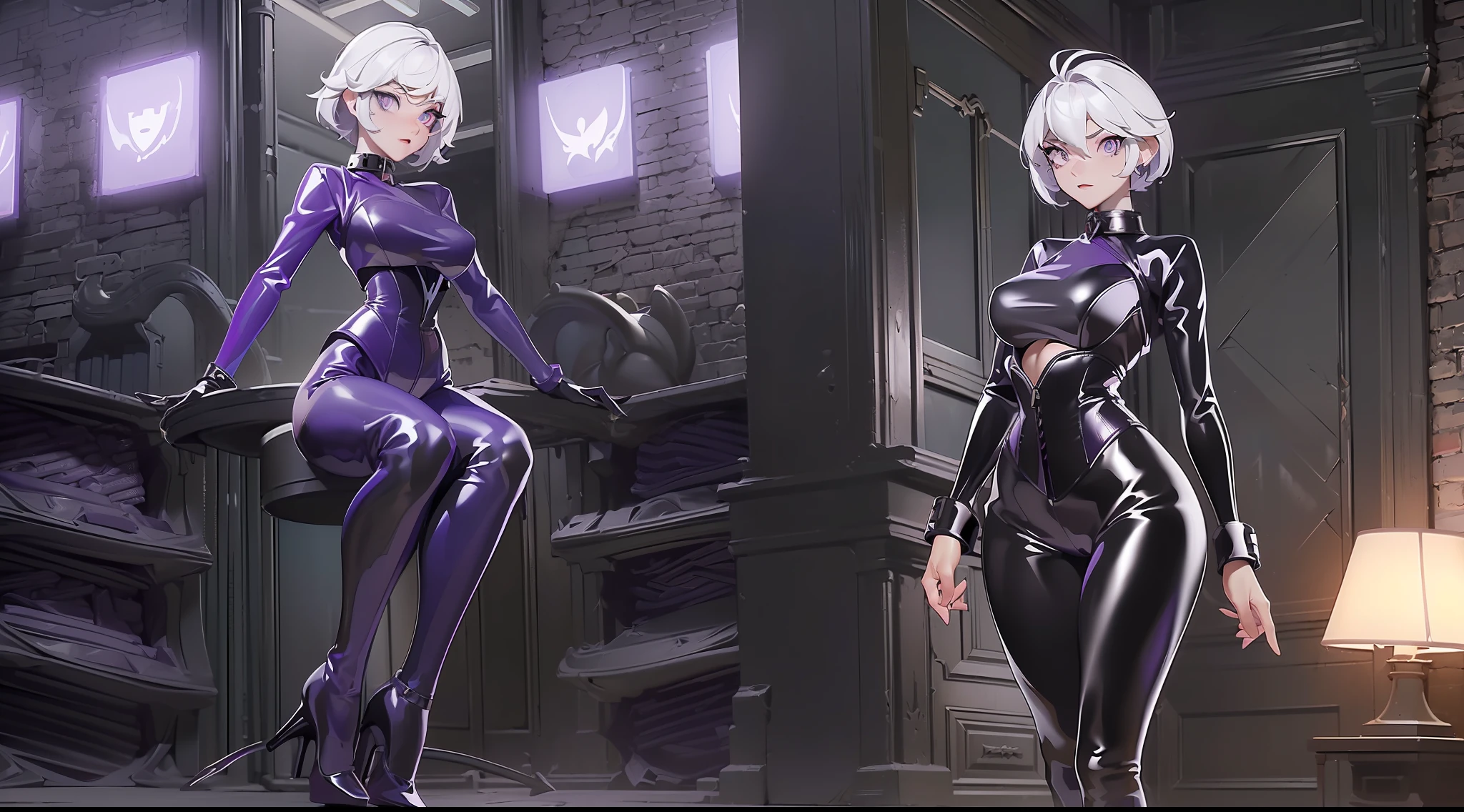 full body picture Unreal Engine 5 8K UHD of a couple, best quality, masterpiece, (((the beautiful girl wearing black tight latex catsuit, latex corset, collar, arm and leg cuffs, high heels))), ((( the handsome guy, wearing suits, white short hair, purple eyes of devil)))