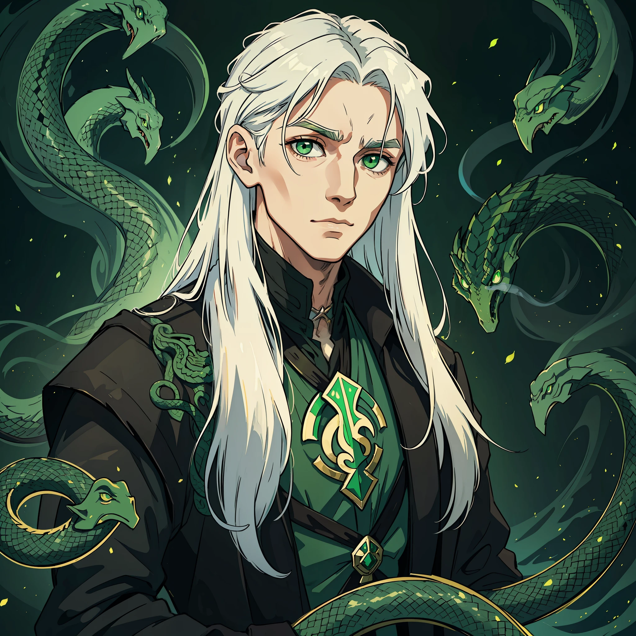 A young man with long, white hair with green eyes, wearing elegant black clothes from a medieval era, he has a gentle look and is surrounded by serpents, green smoke and greenish lights, the steel coat of arms of the serpent family fastened to the clothing or ring;