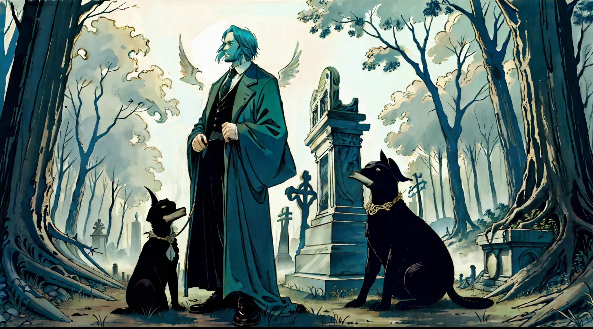 An elemental cryptid in an enchanting cemetery by Edward Gorey and Fritz Bleyl