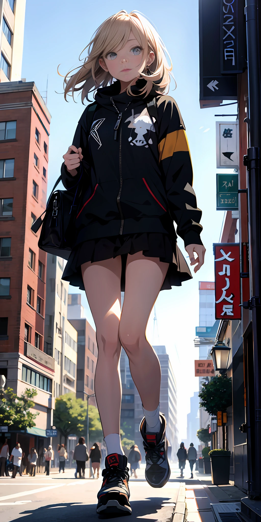 giant girl walking in the city, realistic, 8k resolution, perfect face, anime style