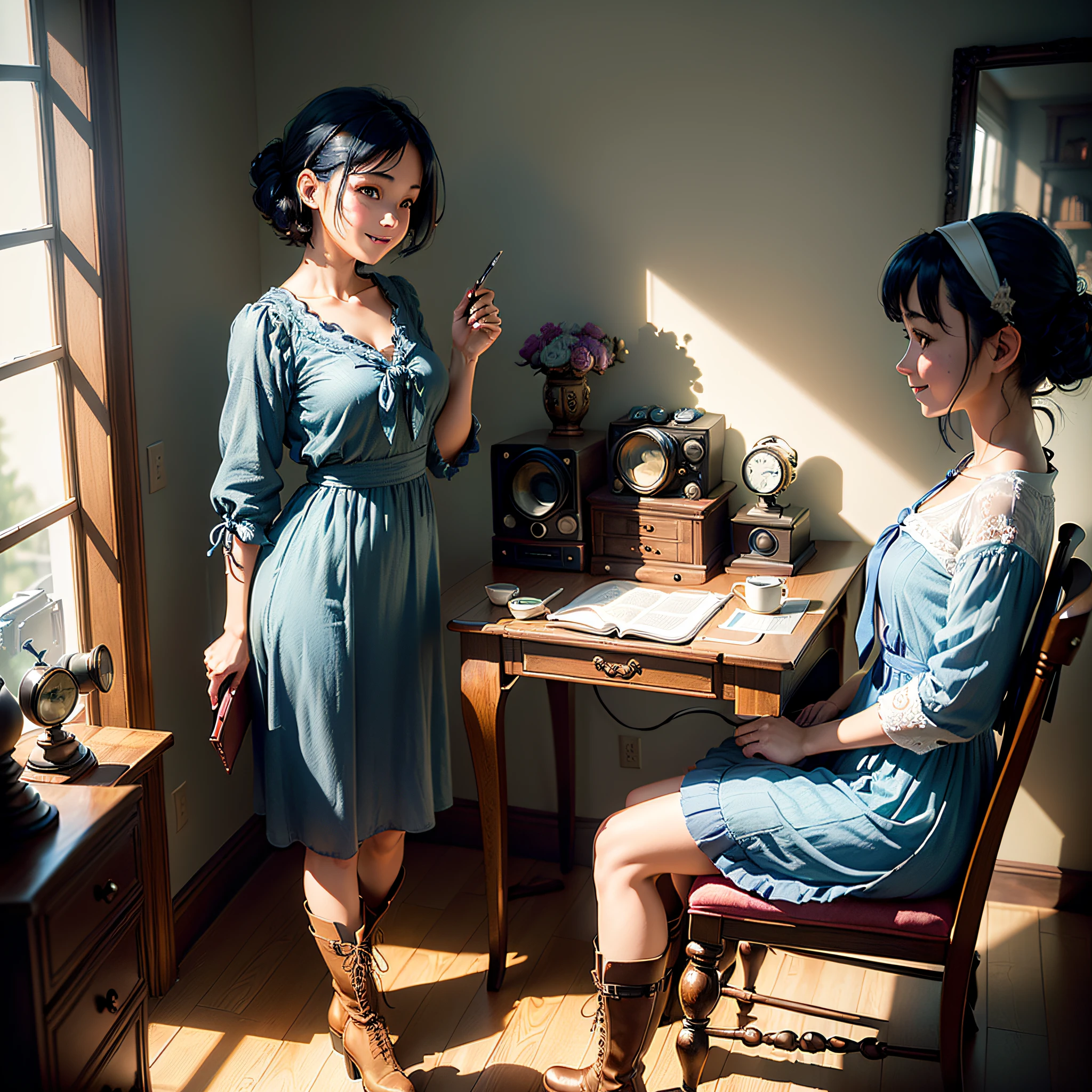 (masterpiece, highest quality, highest resolution, distinct_image, very elaborate CG, cinematic lighting, ray tracing, drop shadows, detailed detail, (photorealistic: 1.4), high quality textures, fine-grained, realistic facial expressions): (lone girl, face is Japan, short blue hair, hair tied back, small size breasts, Sparkly blue eyes, eye level shot, happy smile, beauty, slim body, holiday, own room, console games, computer, display, keyboard, mouse, long blue dress, long boots, antique radio, coffee, model train, bookshelf, wooden chair, pot, fan, painting, stuffed animal, tie, notebook, stationery, vase, photo frames, letters, fountain pens, calendars, lamps, cushions, baskets, mirror in profile, candles, newspapers, sweets, outside the window you can see the park, telephone, fruit, telescope, retro TV)