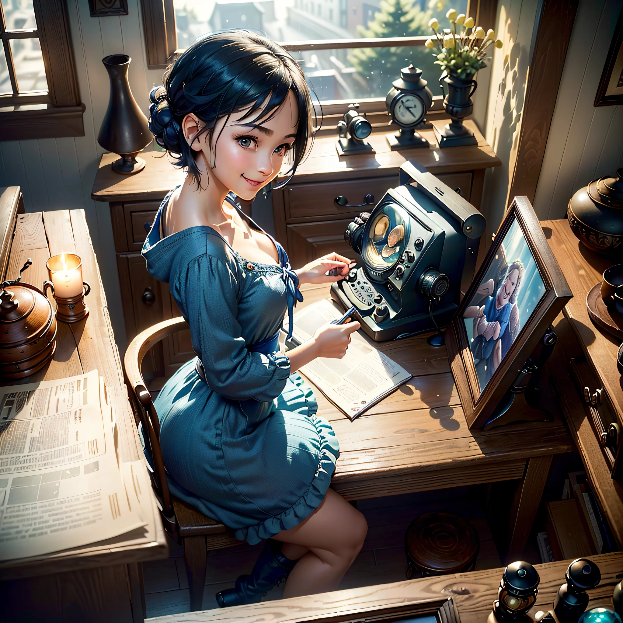 (masterpiece, highest quality, highest resolution, distinct_image, very elaborate CG, cinematic lighting, ray tracing, drop shadows, detailed detail, (photorealistic: 1.4), high quality textures, fine-grained, realistic facial expressions): (lone girl, face is Japan, short blue hair, hair tied back, small size breasts, Sparkly blue eyes, eye level shot, happy smile, beauty, slim body, holiday, own room, console games, computer, display, keyboard, mouse, long blue dress, long boots, antique radio, coffee, model train, bookshelf, wooden chair, pot, fan, painting, stuffed animal, tie, notebook, stationery, vase, photo frames, letters, fountain pens, calendars, lamps, cushions, baskets, mirror in profile, candles, newspapers, sweets, outside the window you can see the park, telephone, fruit, telescope, retro TV)