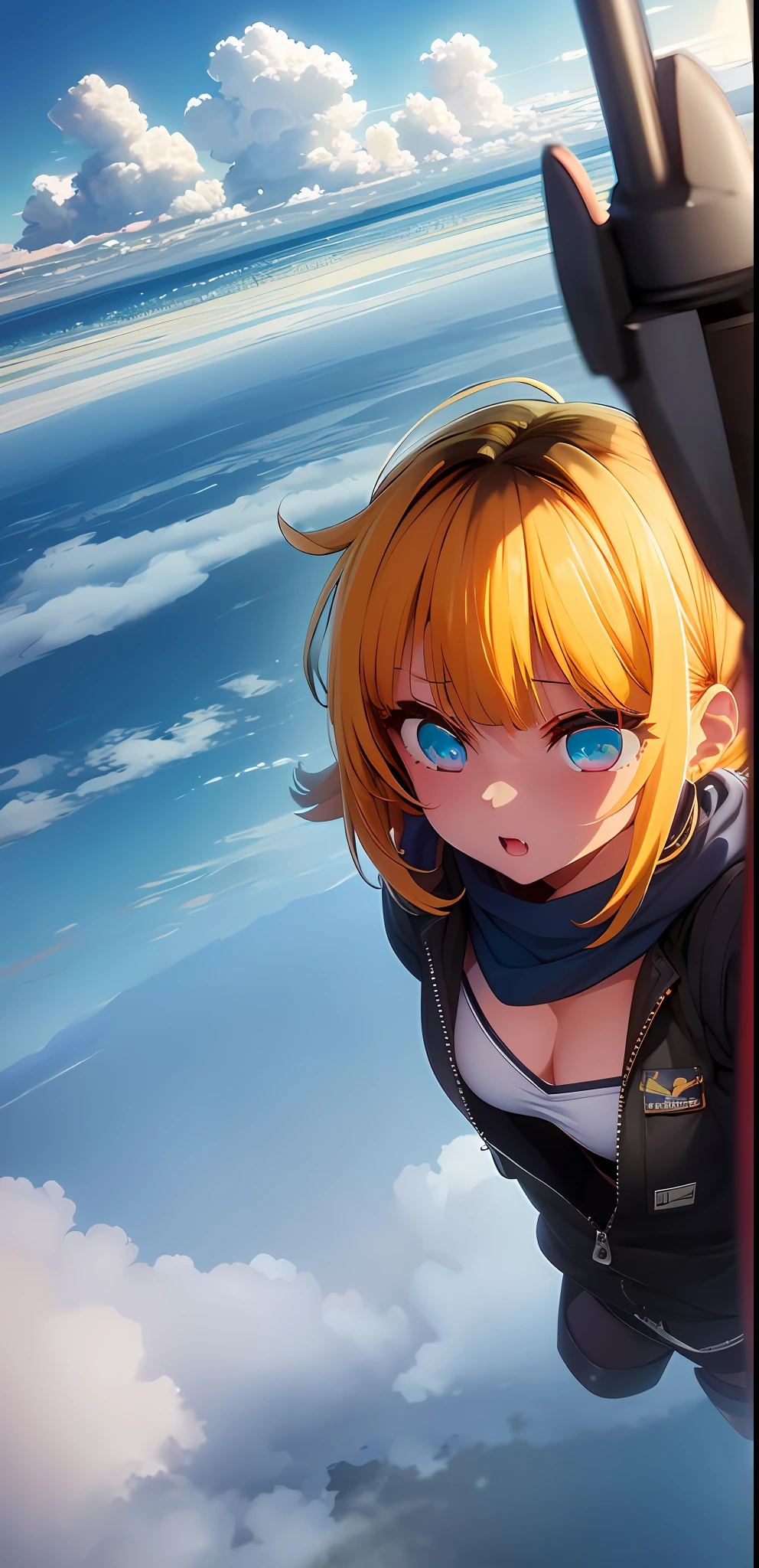 (incredibly absurdres), (best quality), high resolution, highres, distinct image, solo focus, flying, sky high, air current, (above clouds:1.3), (Air Drop, high falling:1.1), 1girl,  yellow hair, blue eyes, medium breast,from above, ground,