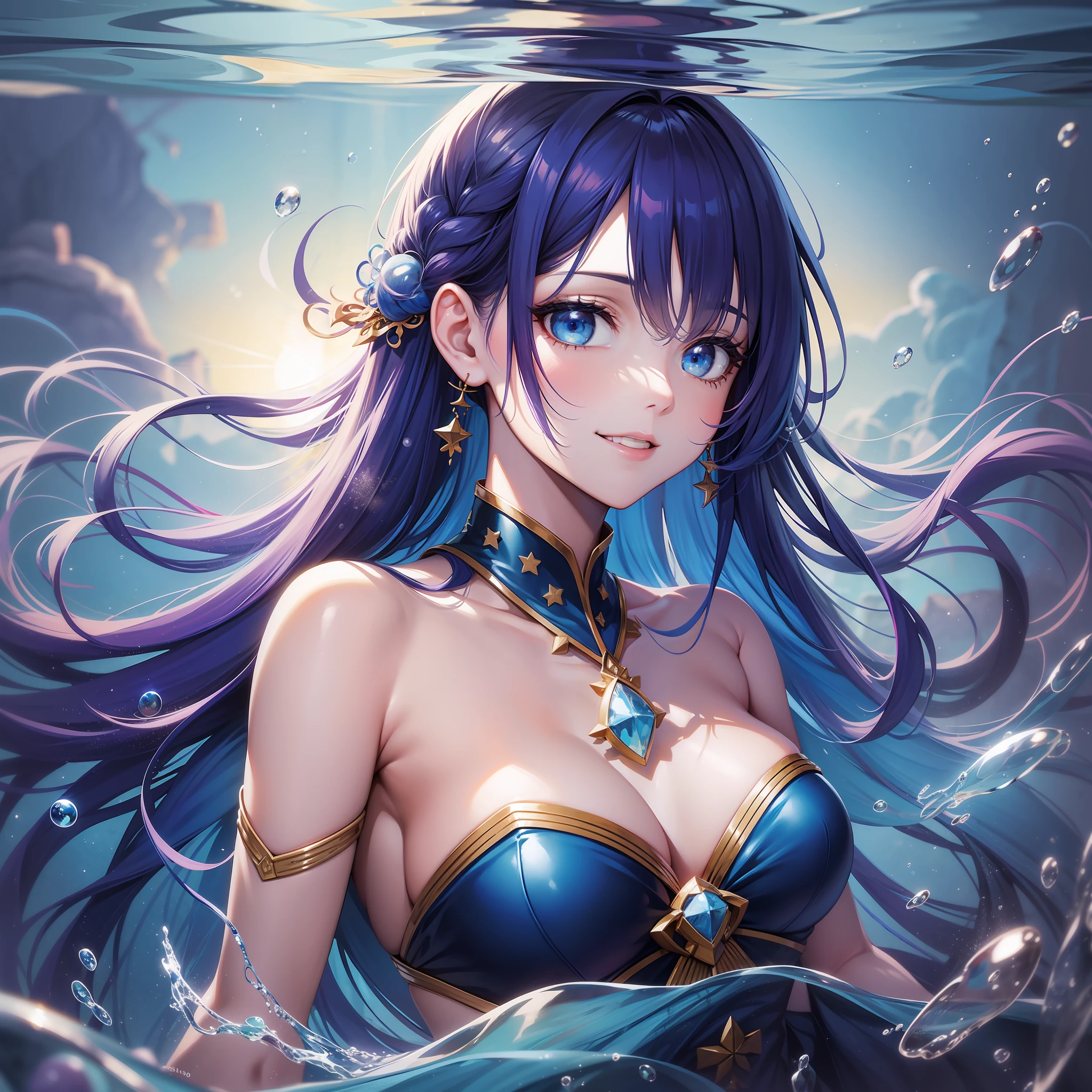 solo, beautiful female, in the blue crystal, bubbles, in the ocean, a sun upon the face, japanese_clothes, multicolored hair, blue hair, purple hair, long hair, grin, ray tracing, reflection light, depth of field, partially underwater shot, framed, multiple views, masterpiece, best quality, high details, high quality, ccurate, textured skin, UHD