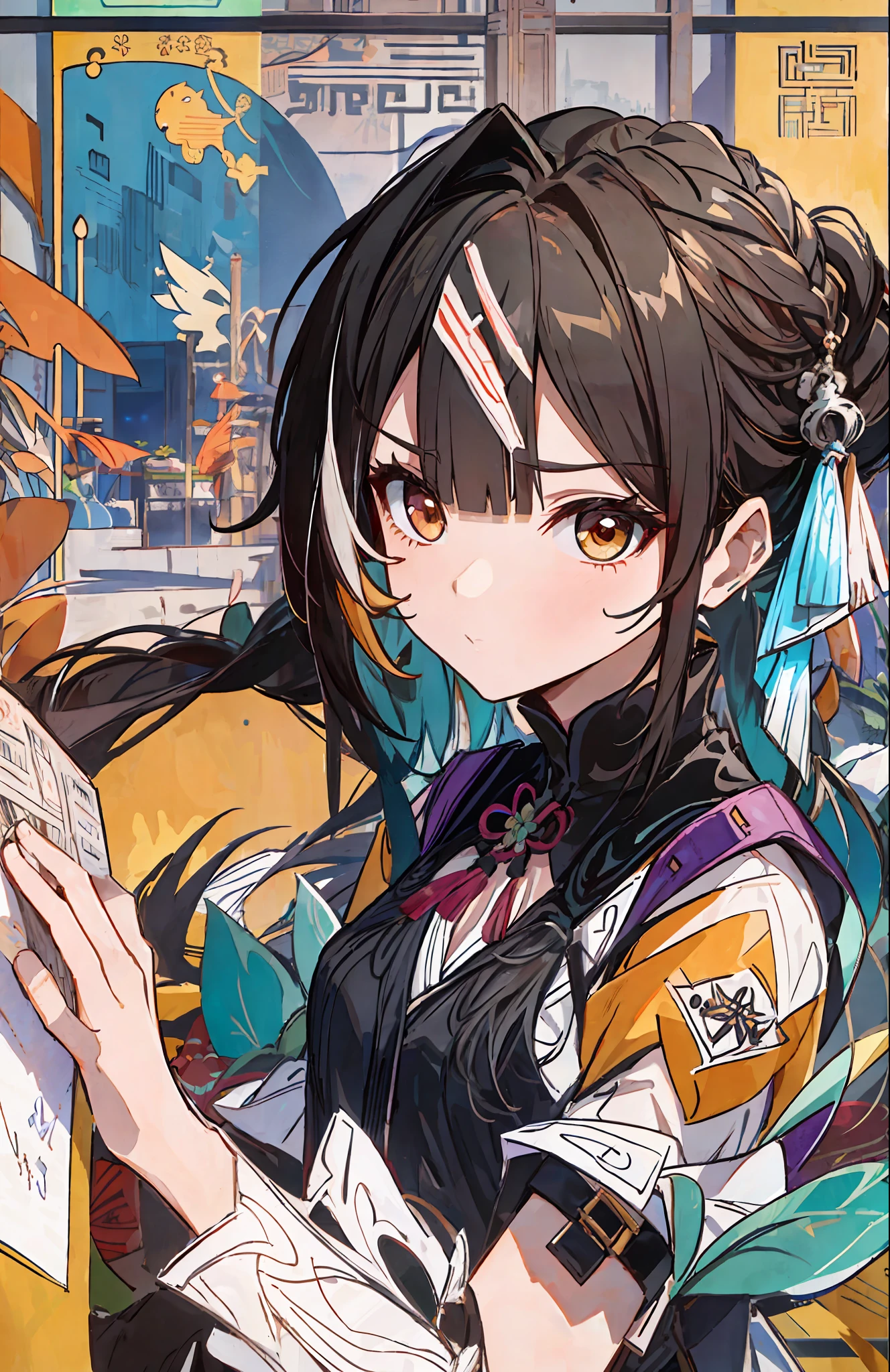 obra prima, melhor qualidada, SushangV4, 1menina, Sozinha, long hair, seios,, seios pequenos, ornamento de cabelo, mangas compridas, vestir, clivagem, ombros nus, pigtail, Roupas chinesas