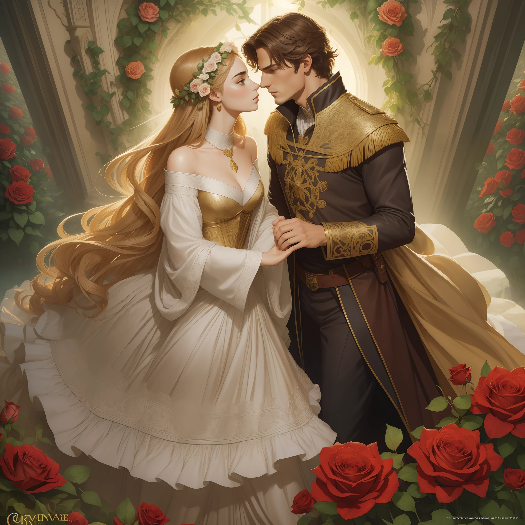 Couple kisses a home and a woman with much affection, the man Neels Visser is a prince who has golden blonde hair, wears a medieval military outfit and is in love with the commoner woman Lily Collins, who has curly brown black hair and wears a red dress, illustration of a romance book cover with a detailed background, smooth, bright full of ivy-covered flowers and red roses, castle, ornate dress standing on a bed of roses, rim light, dynamic lighting, ethereal lighting, ultra detail, conceptual art, elegant, surreal, art by Lisa Aisato, Greg Hildebrandt, Citemer Liu, Stjepan Sejic, Samyang, Aykut Aydogdu, Justin Gerard, Alphonse Mucha, Artgerm, WLOP and Greg Rutkowski