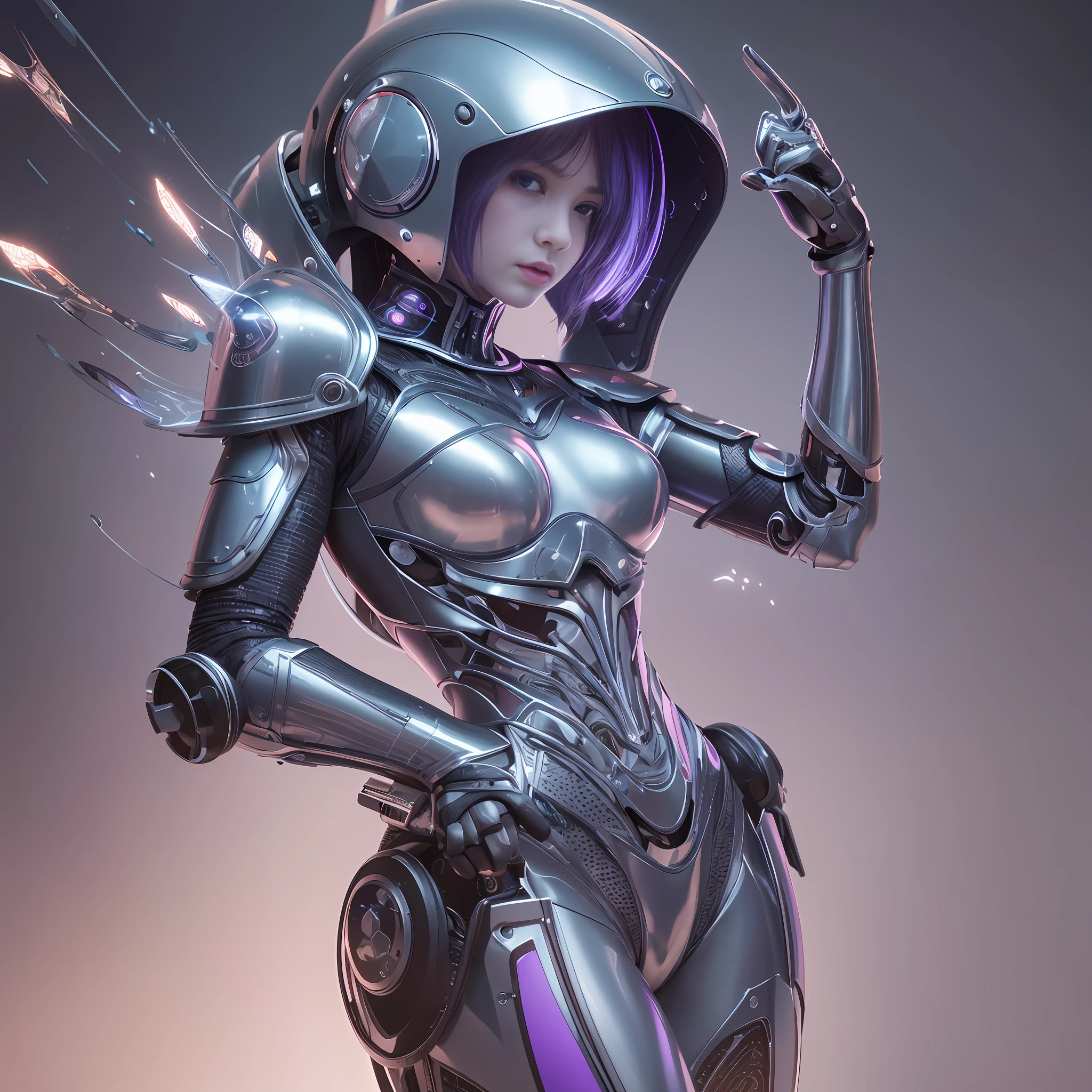 (8k、RAW Photos、bestquality、A masterpie)、(lifelike、photorealistic)、Extremely Delicate and Beautiful、Highly detailed、Cool、cool、a robot、smart、fulllllbody、REN、Cyborg、elegantly、a beautiful background、Octane Render、HR Giger Style, Professional Writing、Photographer Quality、fulllllbody、metallic、Mirrors、Professional Writing、Photographer Quality、Absurdres、machine、mechanic、Purple Hoodie、Knight、shot on canon eos r5, shot on canon eos r 5,