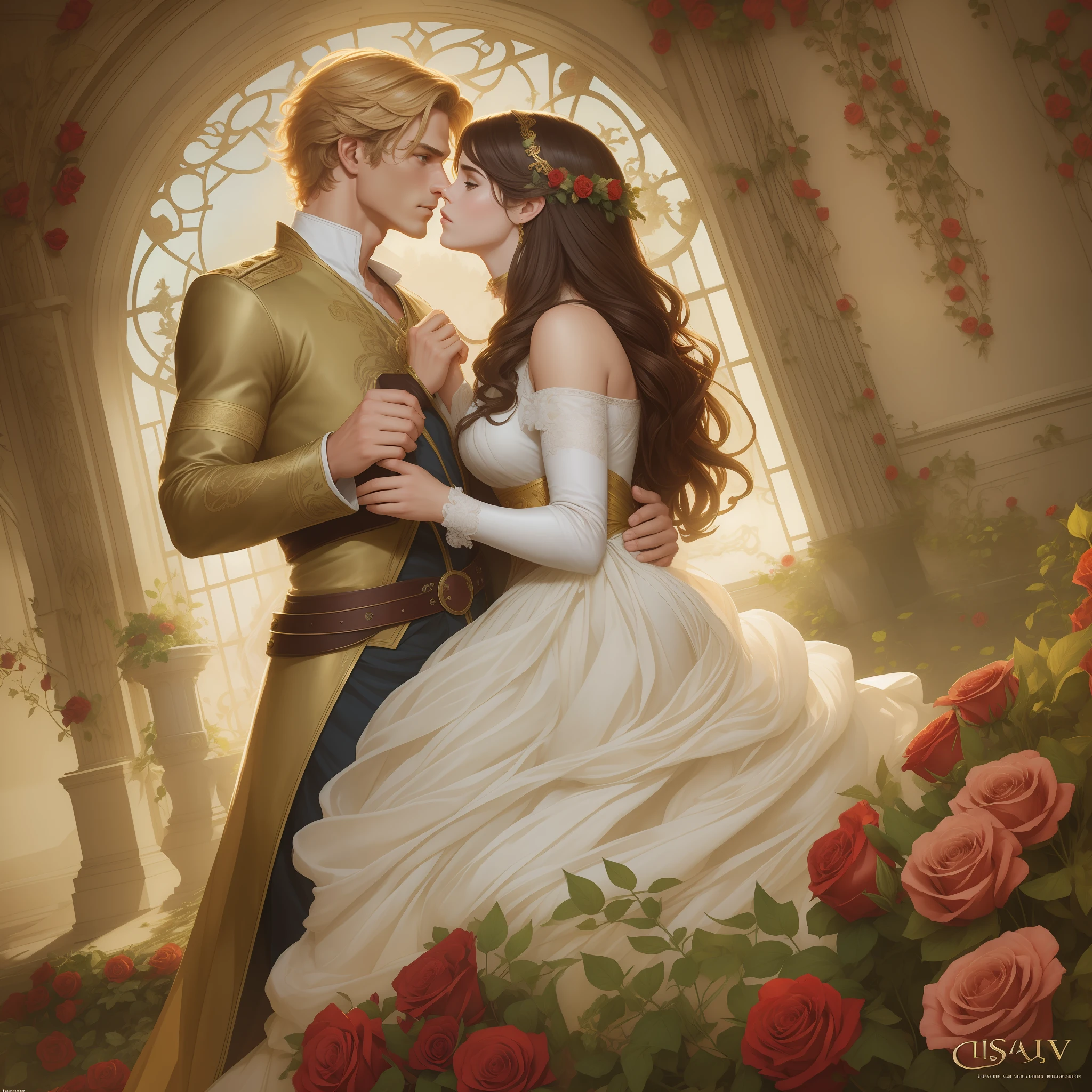 Couple kisses a home and a woman with much affection, the man Neels Visser is a prince who has golden blonde hair, wears a medieval military outfit and is in love with the commoner woman Lily Collins, who has curly brown black hair and wears a red dress, illustration of a romance book cover with a detailed background,  smooth, bright full of ivy-covered flowers and red roses, castle, ornate dress standing on a bed of roses, rim light, dynamic lighting, ethereal lighting, ultra detail, conceptual art, elegant, surreal, art by Lisa Aisato, Greg Hildebrandt, Citemer Liu, Stjepan Sejic, Samyang, Aykut Aydogdu, Justin Gerard, Alphonse Mucha, Artgerm, WLOP and Greg Rutkowski