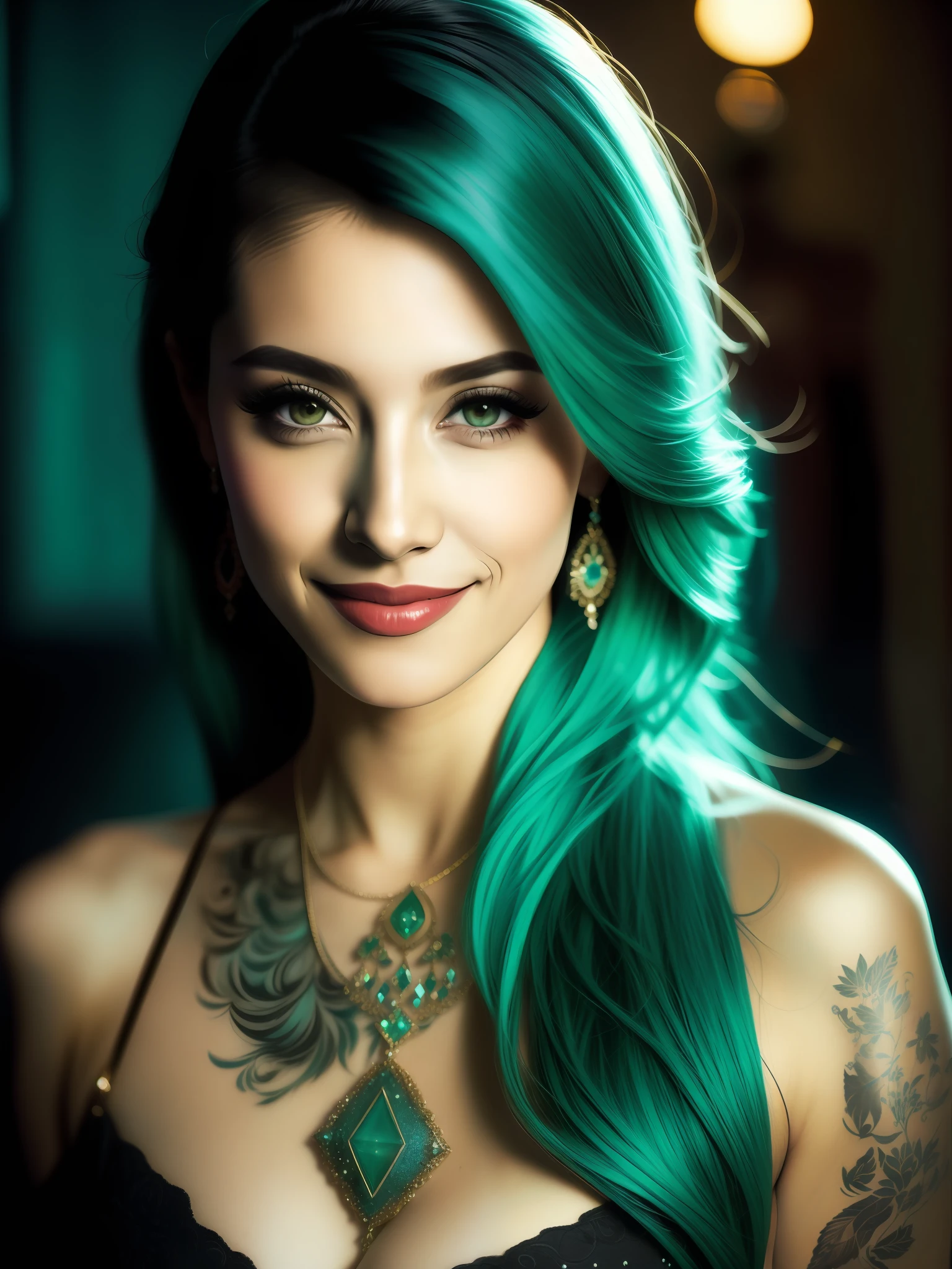 Mulher com cabelo turquesa e uma tatuagem, ,usando blaser preto , saia, ao estilo de fantasias fotorrealistas, turquesa escuro e esmeralda claro, pinturas marinhas realistas, imagem uhd, espirais, aurorapunk (obra-prima, side lighting, belos olhos finamente detalhados: 1.2 ), hdr,cena noturna, foto de perto de uma garota nua sexy, posando, looking at a camera and smiling, cabelo de rabo de cavalo rosa, (olhos verdes: 0.8), rosto jovem bonito, 18 yo, soft volumetric lights, (retroiluminado: 1.3), (cinematic: 1.3), detalhes intrincados, (ArtStation: 1.2)